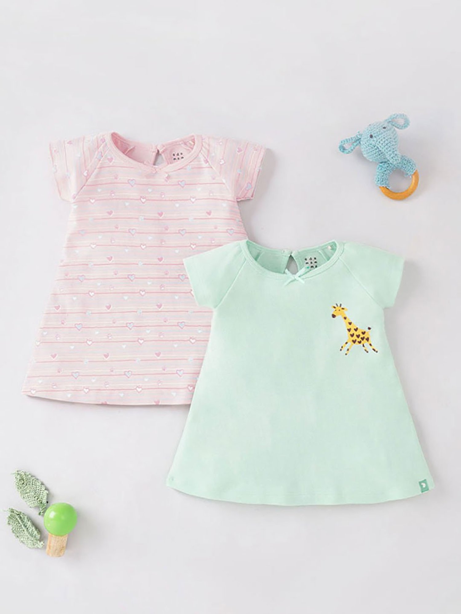 Ed-a-Mamma Baby Green & Pink Printed Dress (Pack Of 2)