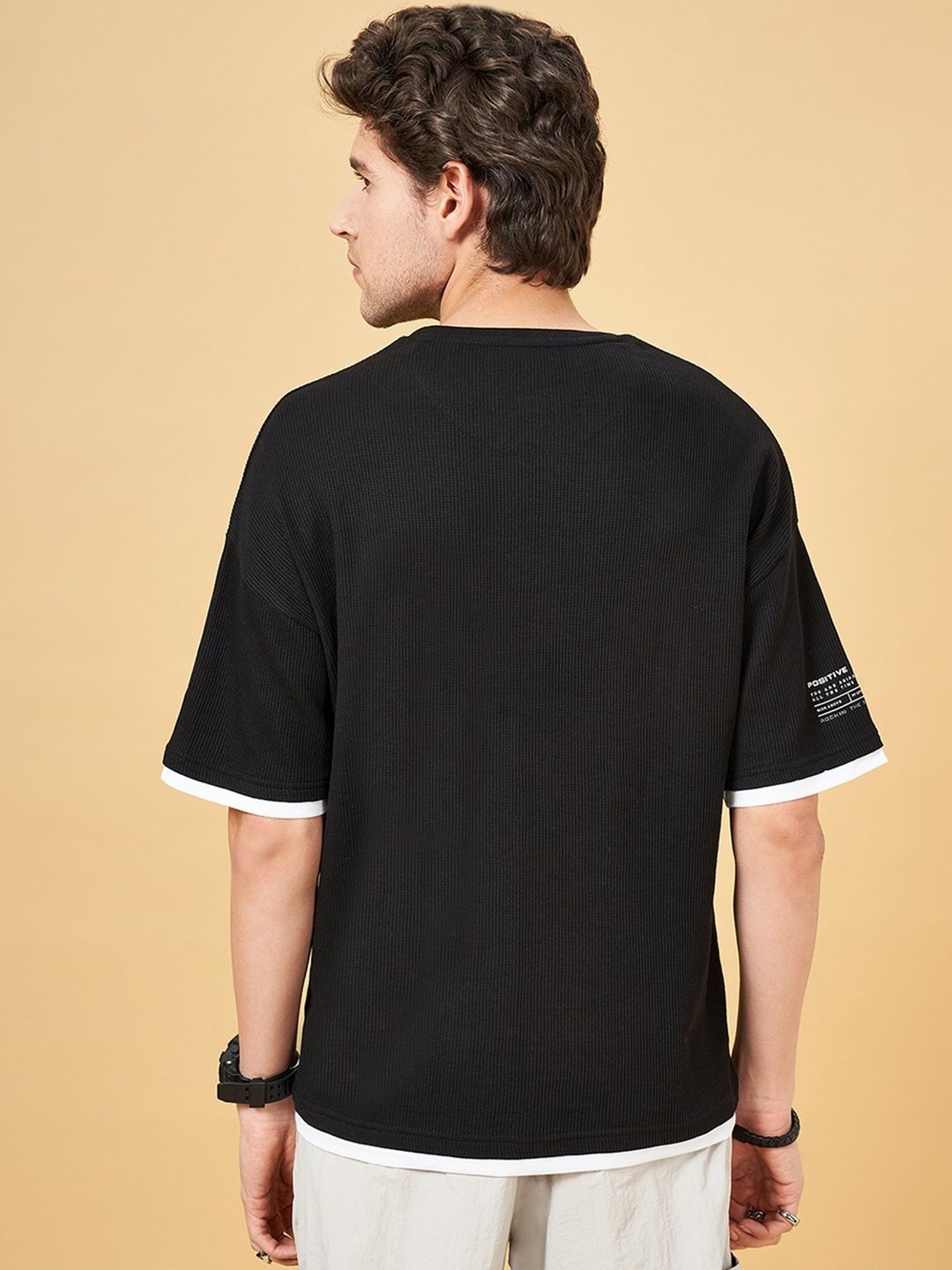 Street 808 By Pantaloons Jet Black Loose Fit Texture T-Shirt