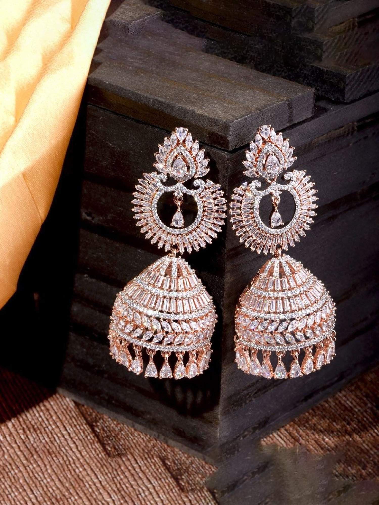 Saraf RS Jewellery Rose Gold White AD Studded Jhumka Earrings