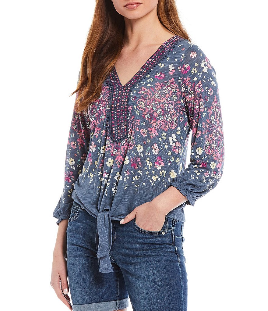 Democracy Floral Placement Print V-Neck Blouson Sleeve Tie-Front Hem Top