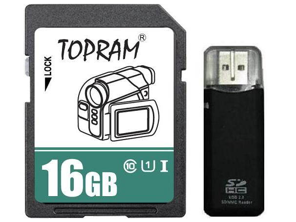 TOPRAM 16GB SD 16G SDHC Card Class 10 Ultra High Speed UHS-I for Camera & Camcorder with R3 Reader