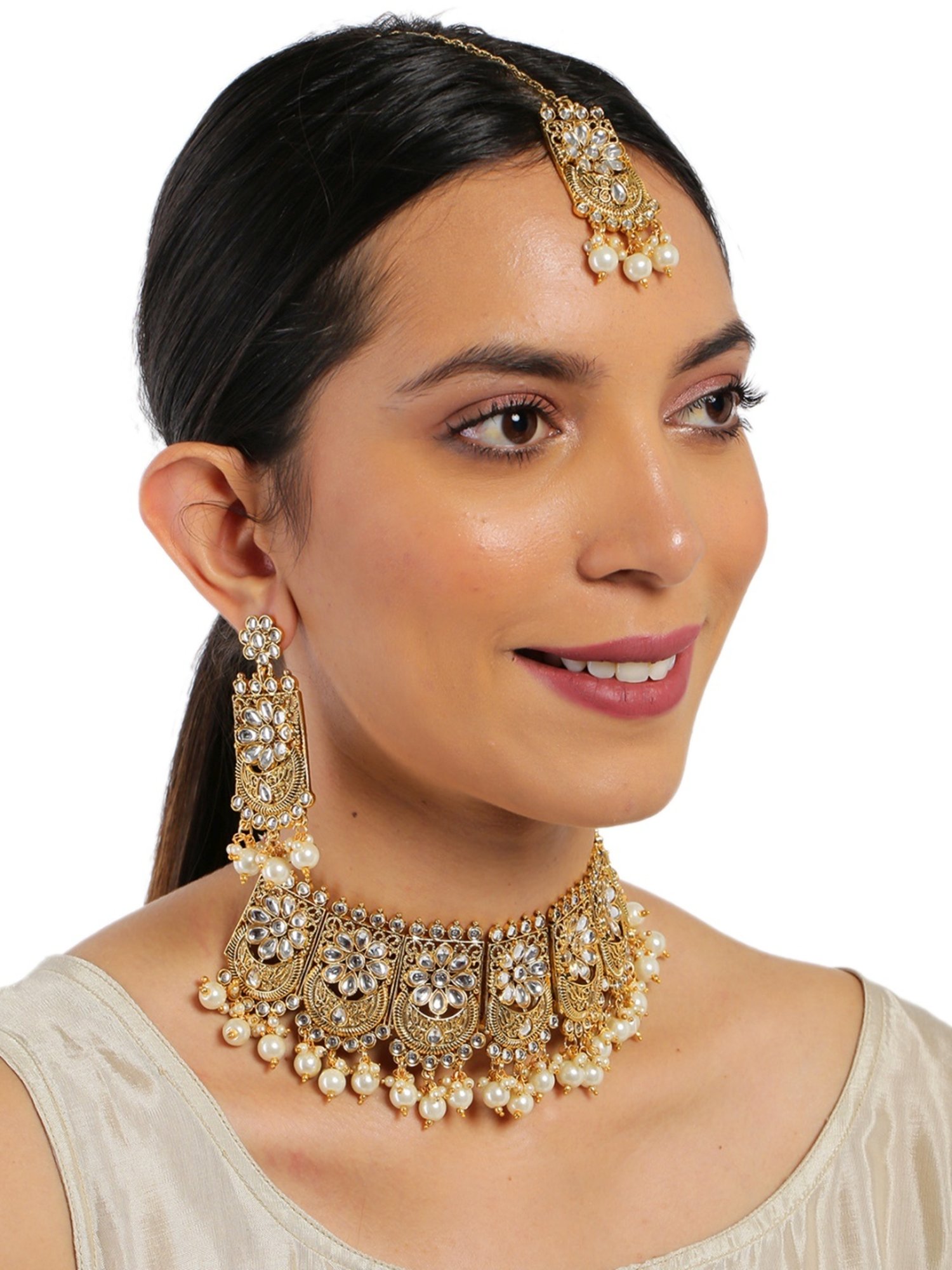Zaveri Pearls Floral Kundan And Pearls Choker Necklace Set-ZPFK8905