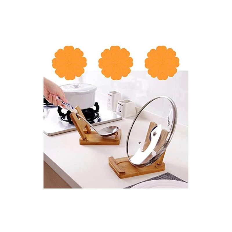 Lid and Spoon Rest.Folding Bamboo Pot lids Holder.Simple Bamboo Lid Rack.Spoon Rest Shelf Foldable (Silicone Trivet Lid and Spoon Rest - 5pack)