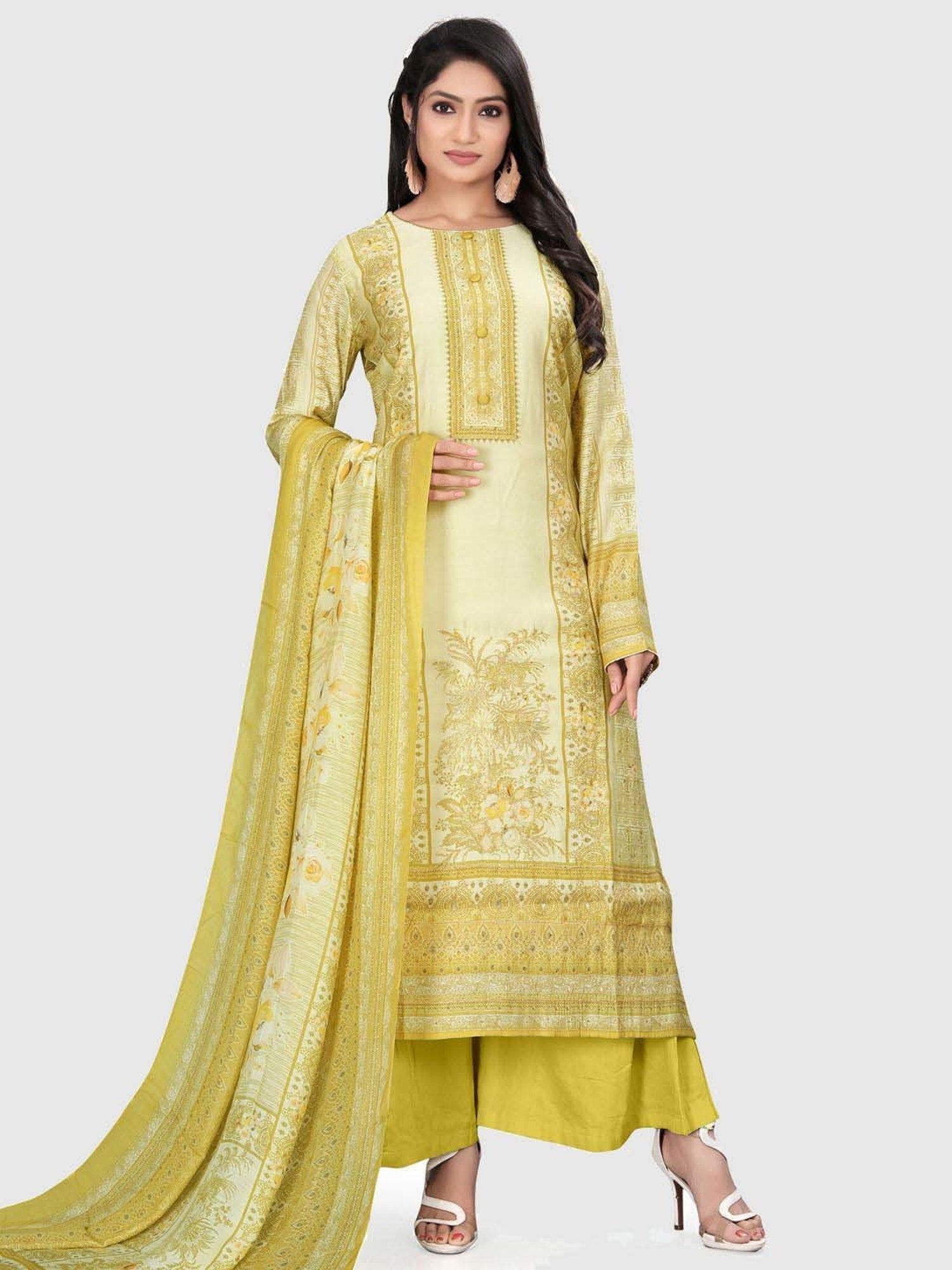 Stylee LIFESTYLE Yellow Floral Print Unstitched Dress Material