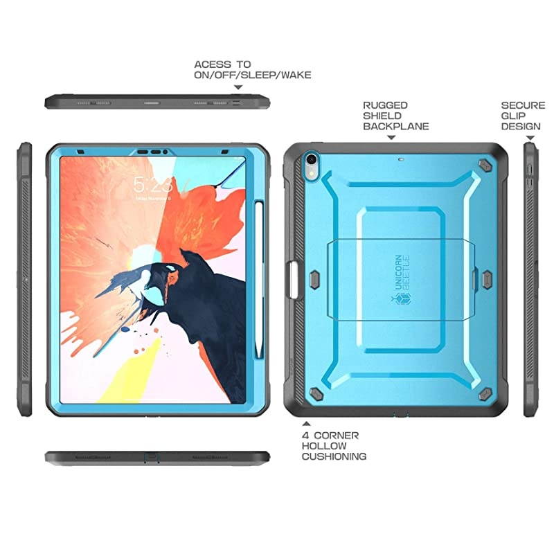 UB Pro Series Case for iPad Pro 11 2018 Release Support Pencil Charging with Builtin Screen Protector FullBody Rugged Kickstand Protective Case Blue