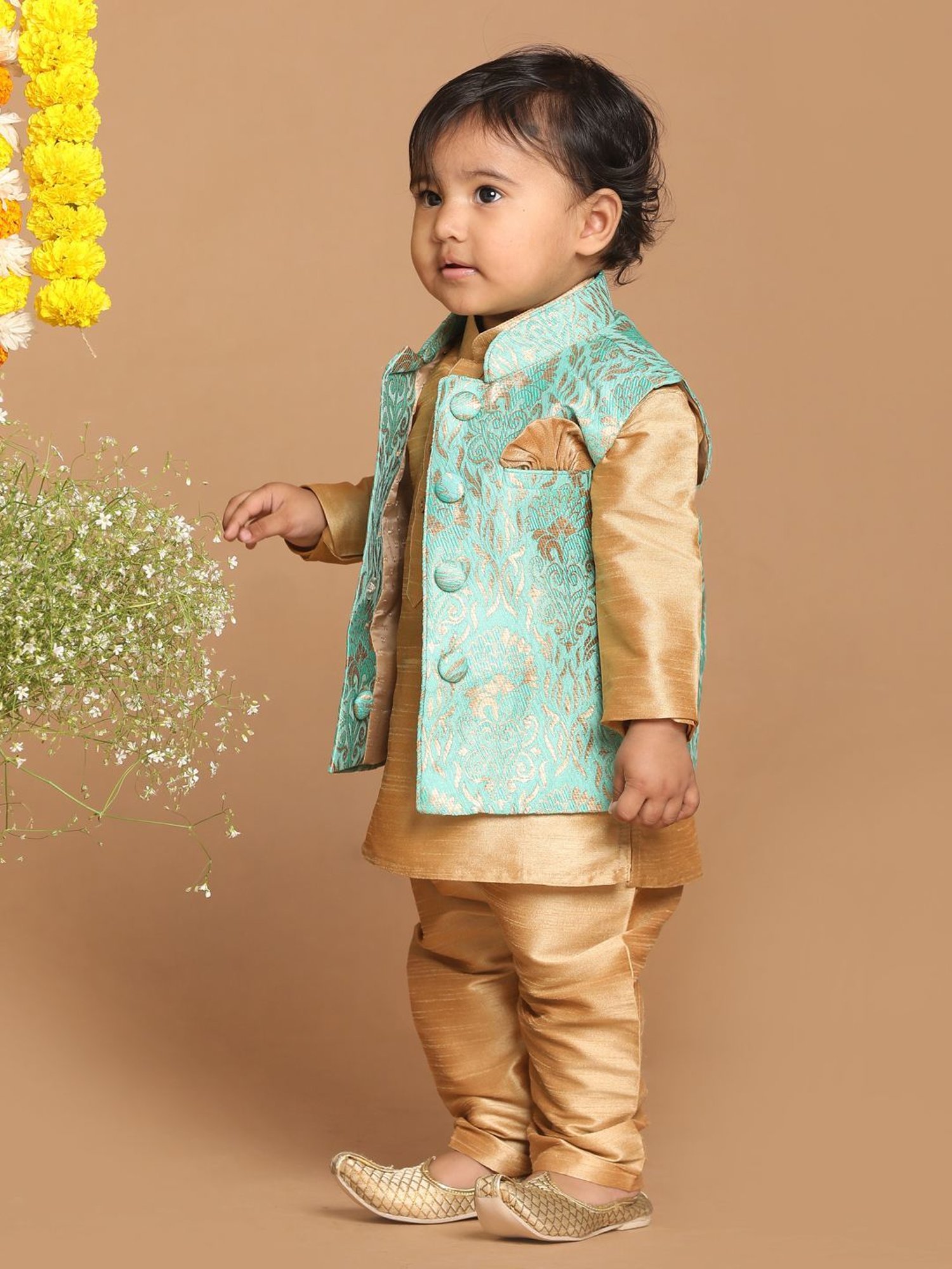 VASTRAMAY SISHU Aqua Blue Floral Print Nehru Jacket