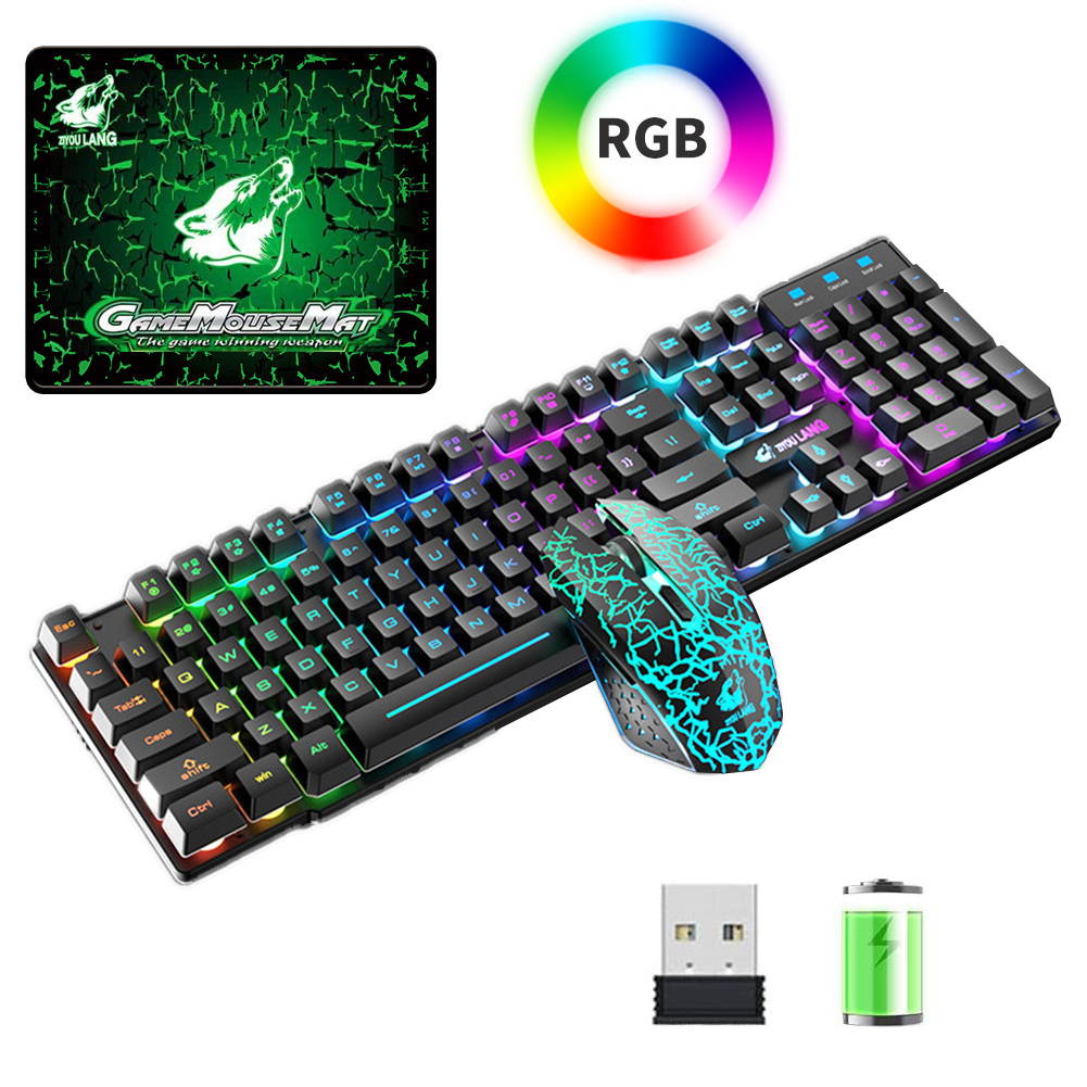 Rainbow backlit wireless keyboard and mouse set, rechargeable 4000mAh battery, mechanical ergonomic touch, waterproof and silent mouse, suitable for laptop, PC, home office