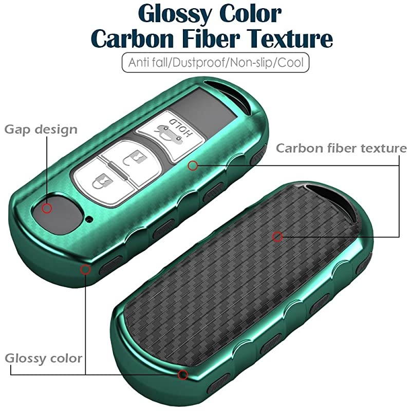 Tpu Key Fob Case Cover Glossy with Carbon Fiber Pattern Fits for CX5 CX3 CX4 MX5 CX7 CX9 Mazda 2 3 5 6 8 Push Button Start Keyless Smart Key Green