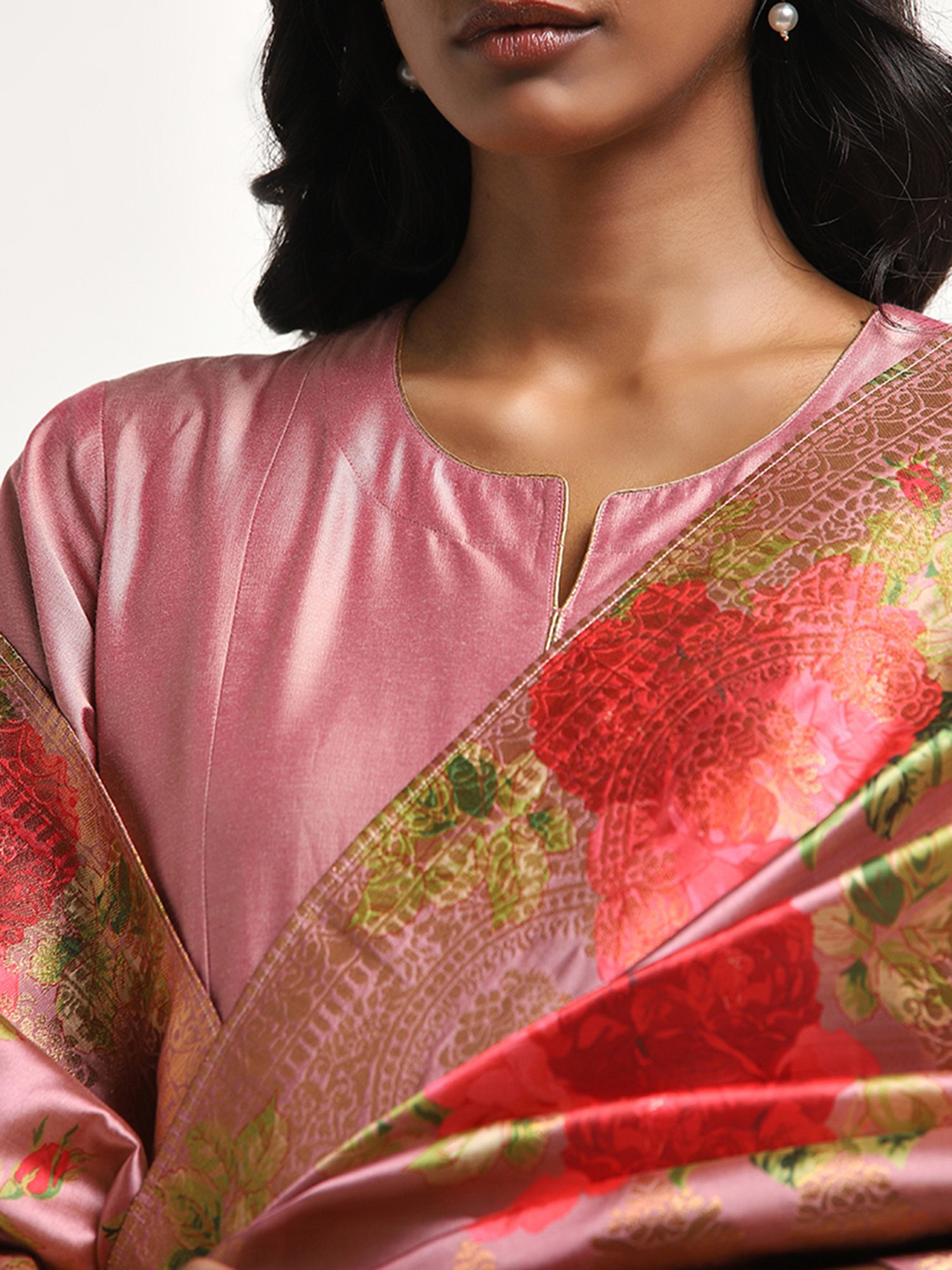 Vark by Westside Peach Floral Printed A-Line Kurta, Pants & Dupatta Set