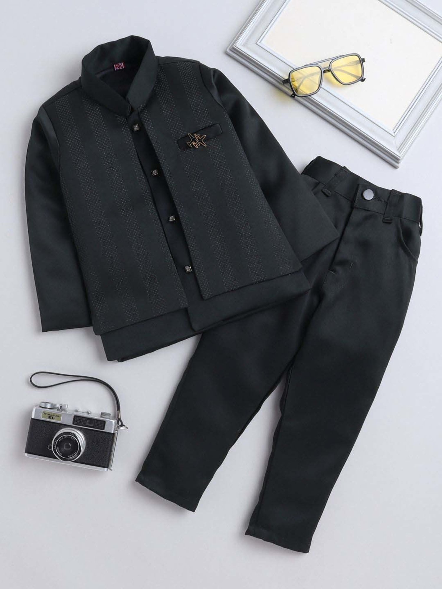 Fourfolds Boys Dark Green Solid Full Sleeves Clothing Set