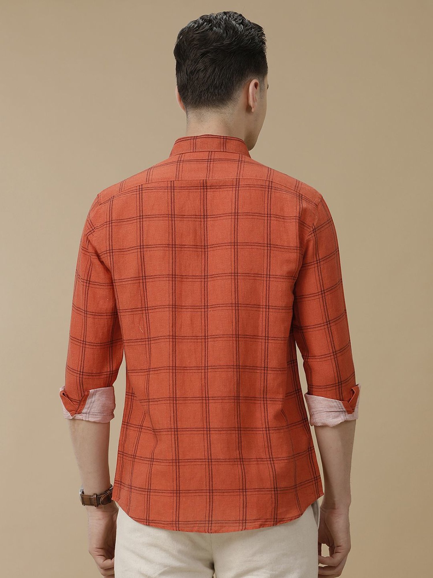 Linen Club Orange Linen Contemporary Fit Checks Shirt