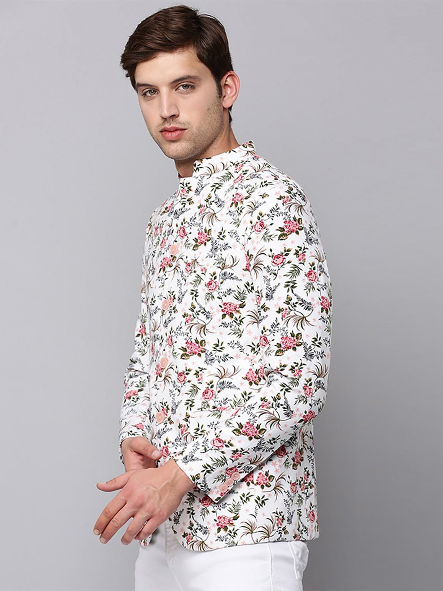 SHOWOFF White Cotton Slim Fit Floral Print Blazer