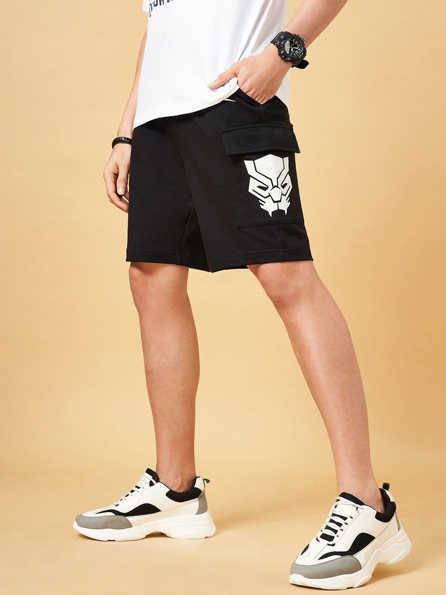 SF Jeans by Pantaloons Jet Black Cotton Regular Fit Printed Shorts