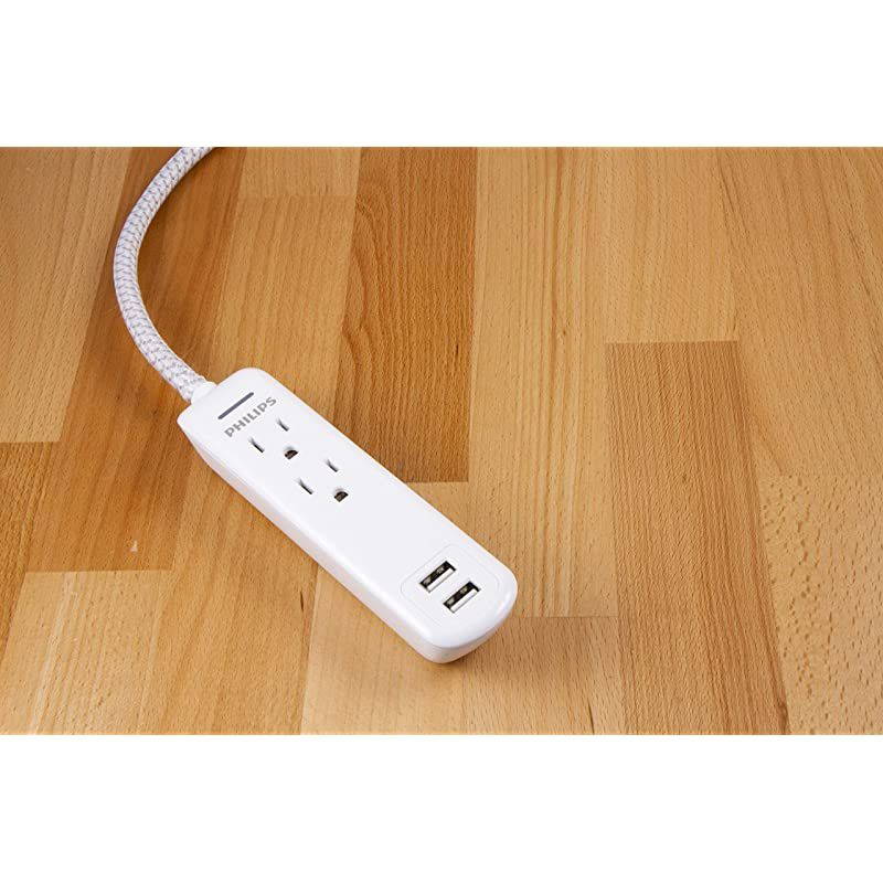 2 Outlet Power Strip Surge Protector with 2 USB Ports 8 Ft Extra Long Power Cord Designer Braided Extension Cord Flat Plug Perfect for Office or Home Decor 300 Joules White SPC6221WC37