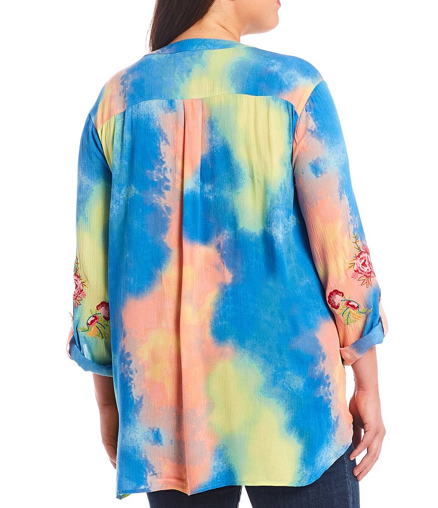 Calessa Plus Size Split Round Neck 3/4 Roll-Tab Sleeve Embroidered Tie-Dye Tunic