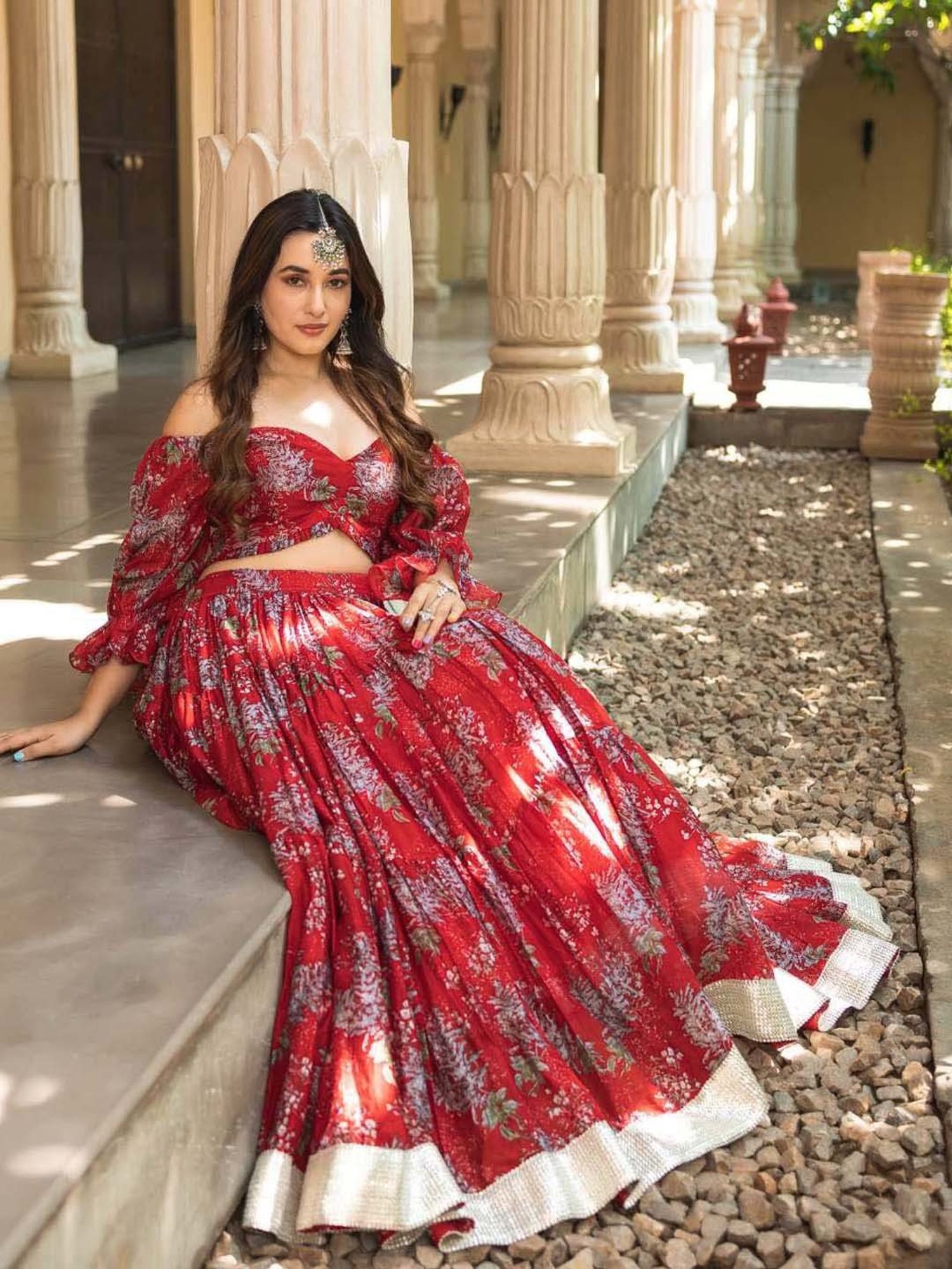 AACHHO Red Floral Print Lehenga Choli Set With Dupatta