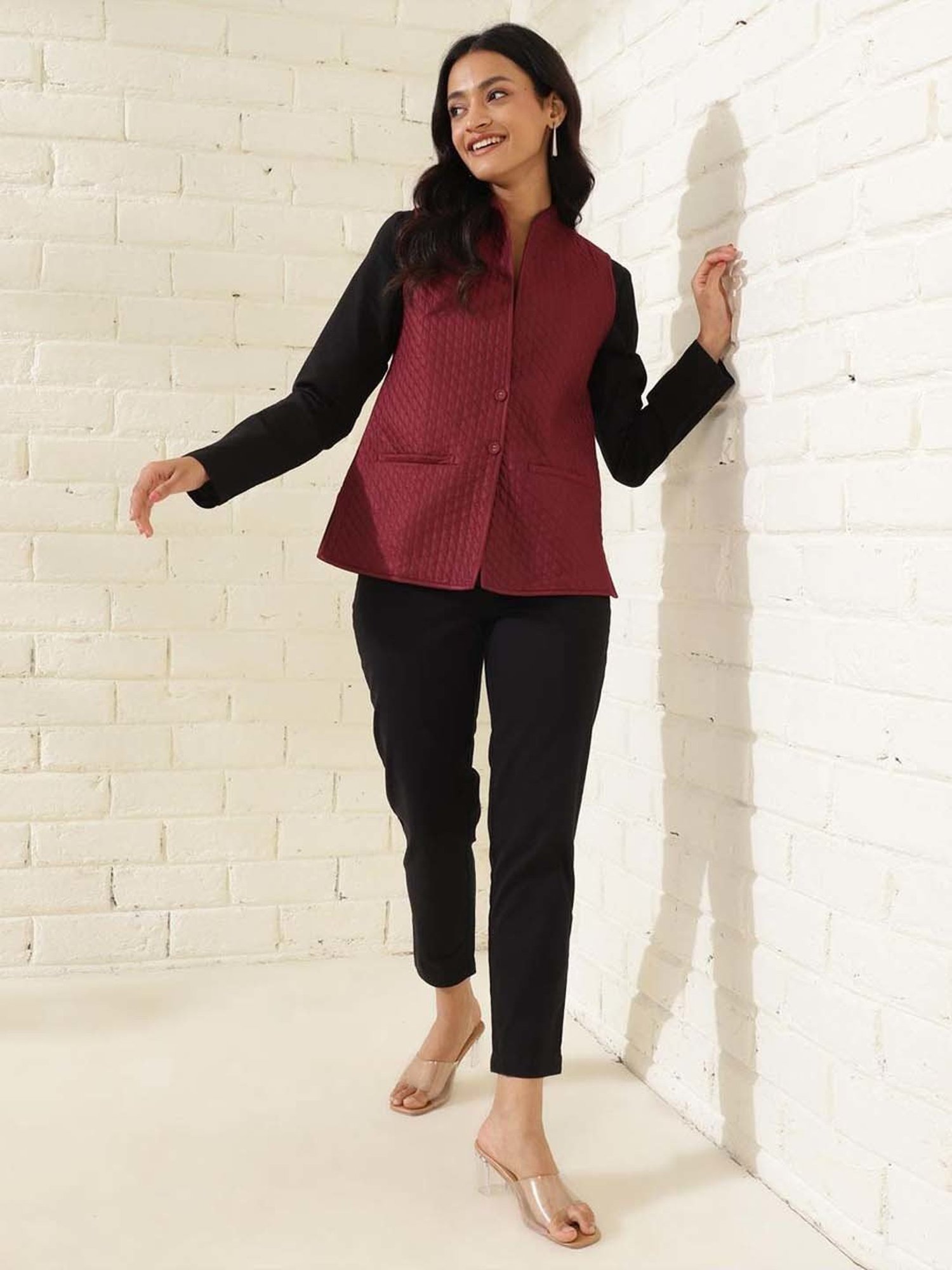 Fabindia Maroon Quilted Nehru Jacket