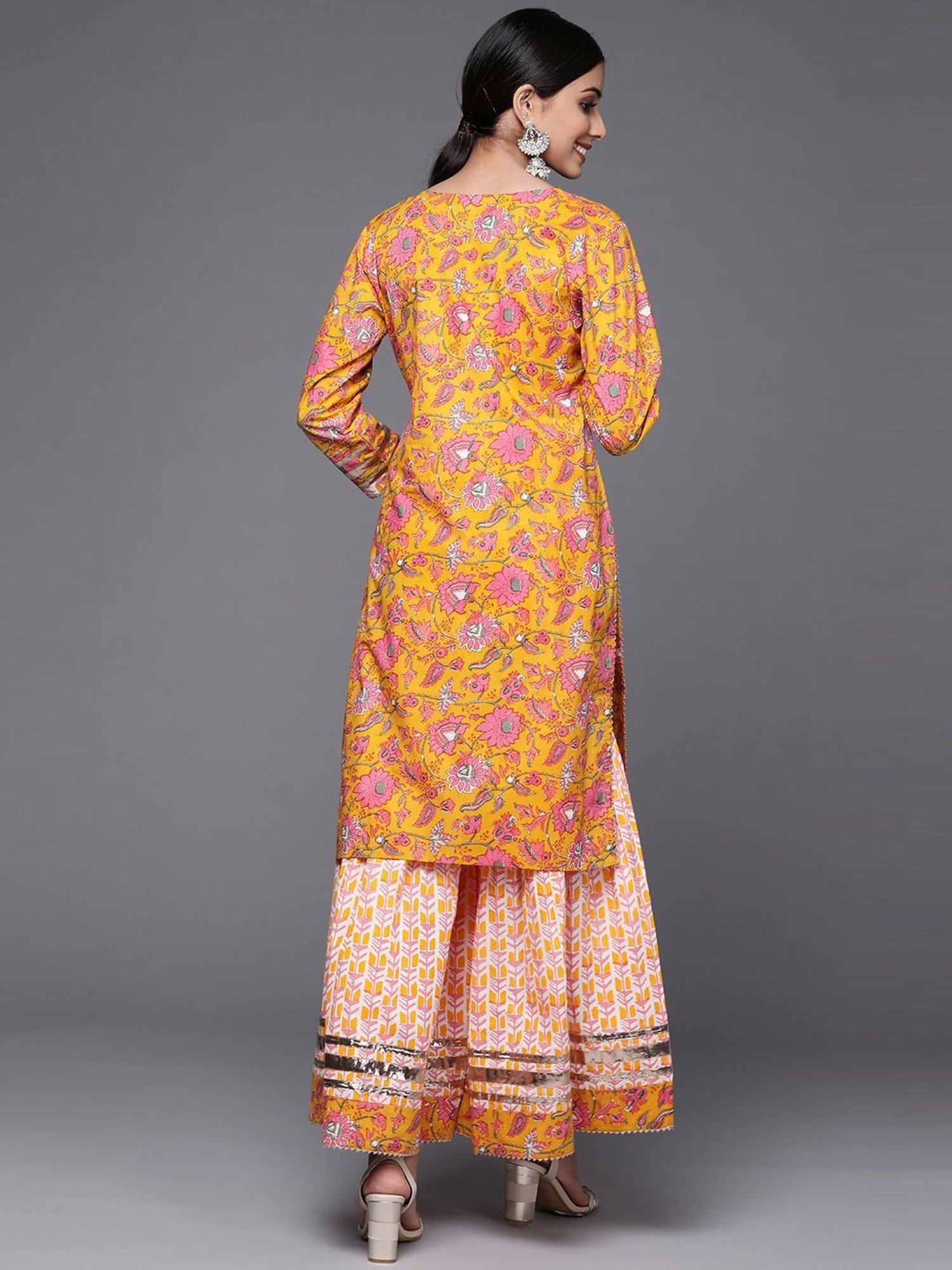 KSUT Yellow Cotton Printed Kurta Sharara Set