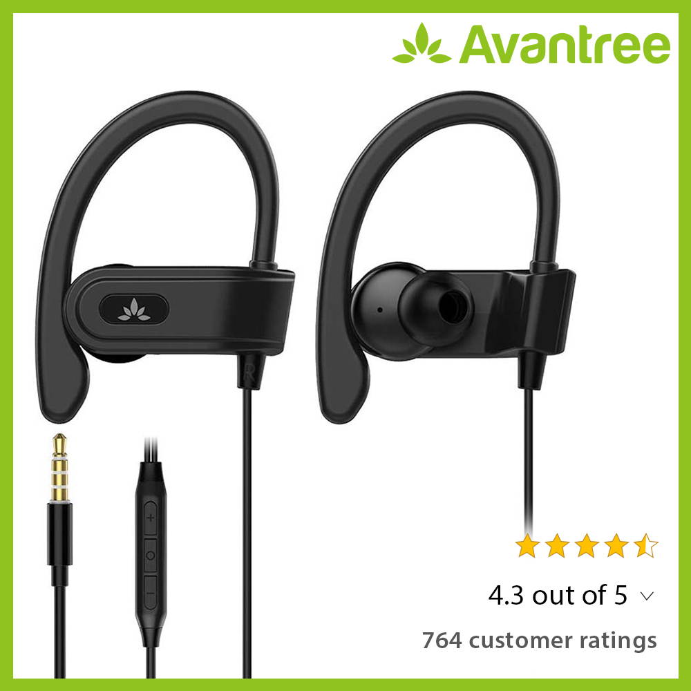 Avantree Sports Headphones Wired with Microphone, Sweatproof Running Over Ear Earphones with Ear Hook, in Ear Jogging Earbuds for Workout Exercise Gym Compatible with iPhone, Cell Phones - E171