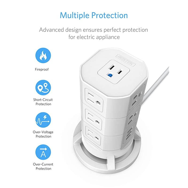 12 Outlets Power Strip Tower with 3 USB Ports Stackable Design Extend to 14 AC Outlets for PC Laptop Mobiles6 Feet Extension CordWhite