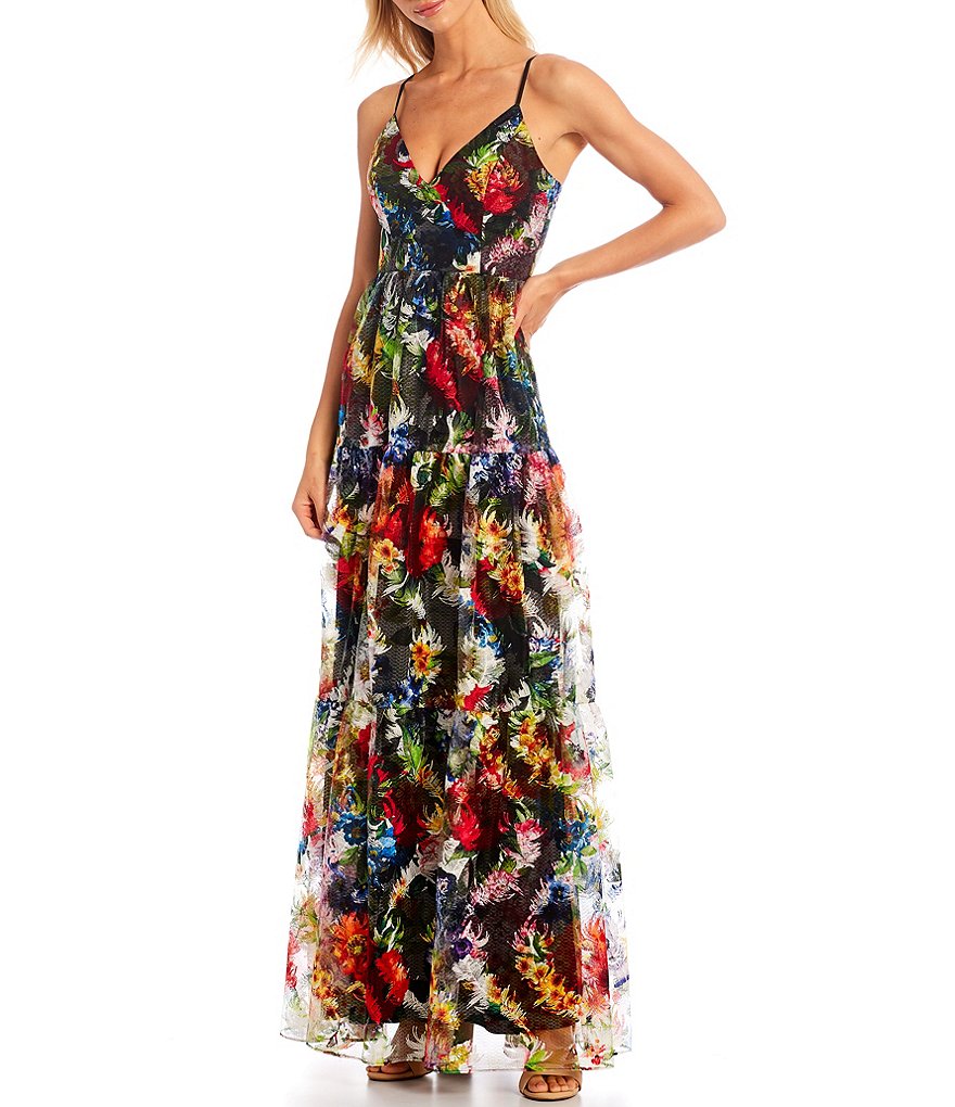 Aidan Aidan Mattox Embroidered Floral V-Neck Sleeveless Tiered A-Line Gown