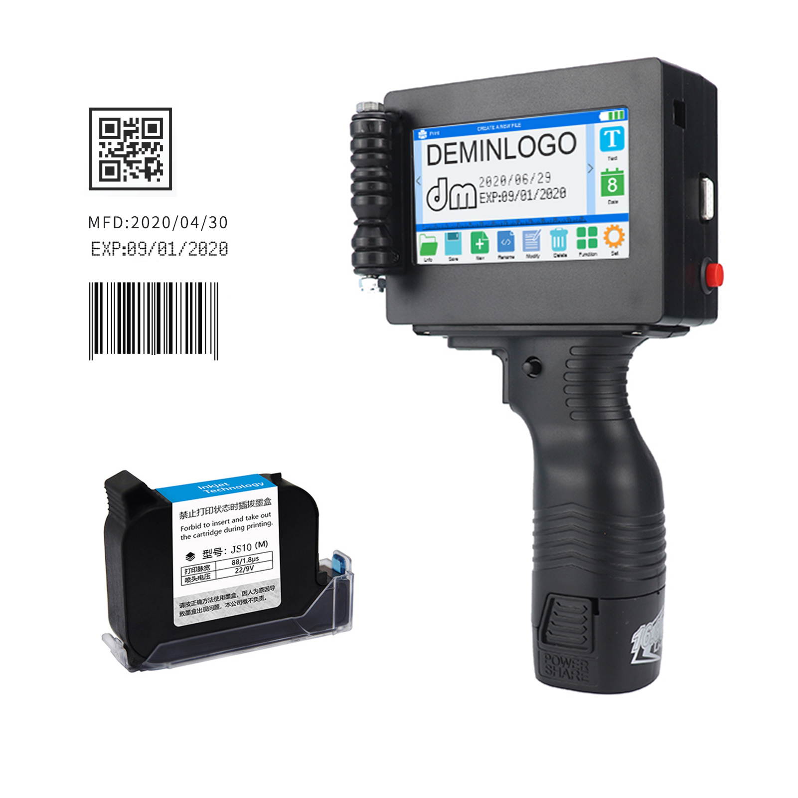 Handheld Printer Portable Inkjet Printer High Definition Inkjet Code Printer with 4.3 Inch LED Touchscreen Quick-Drying Ink Cartridge for Label/Production Date/Barcode/Trademark/Logo/Graphic etc.