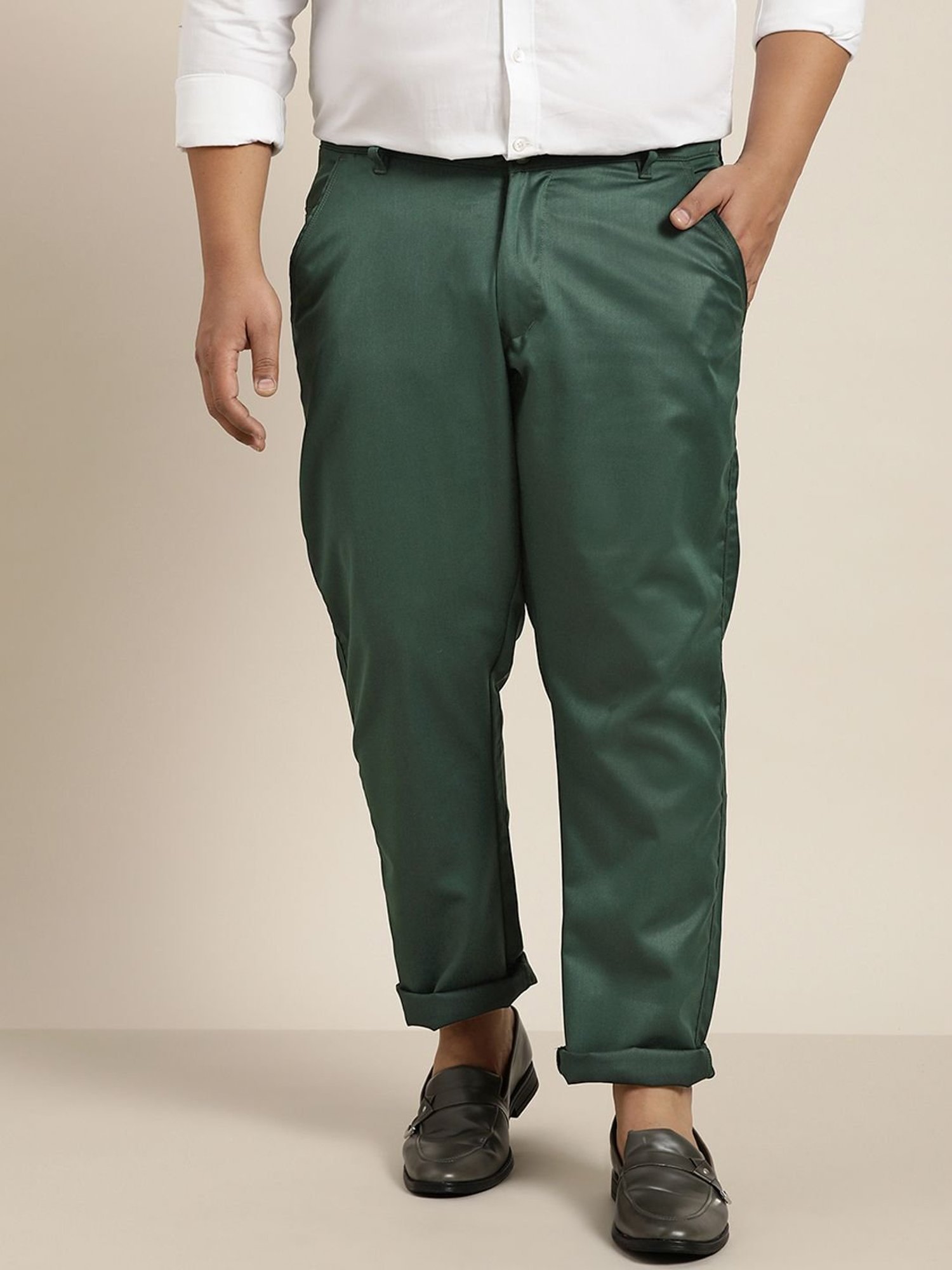 Sojanya Green Cotton Regular Slim Fit Flat Front Trousers