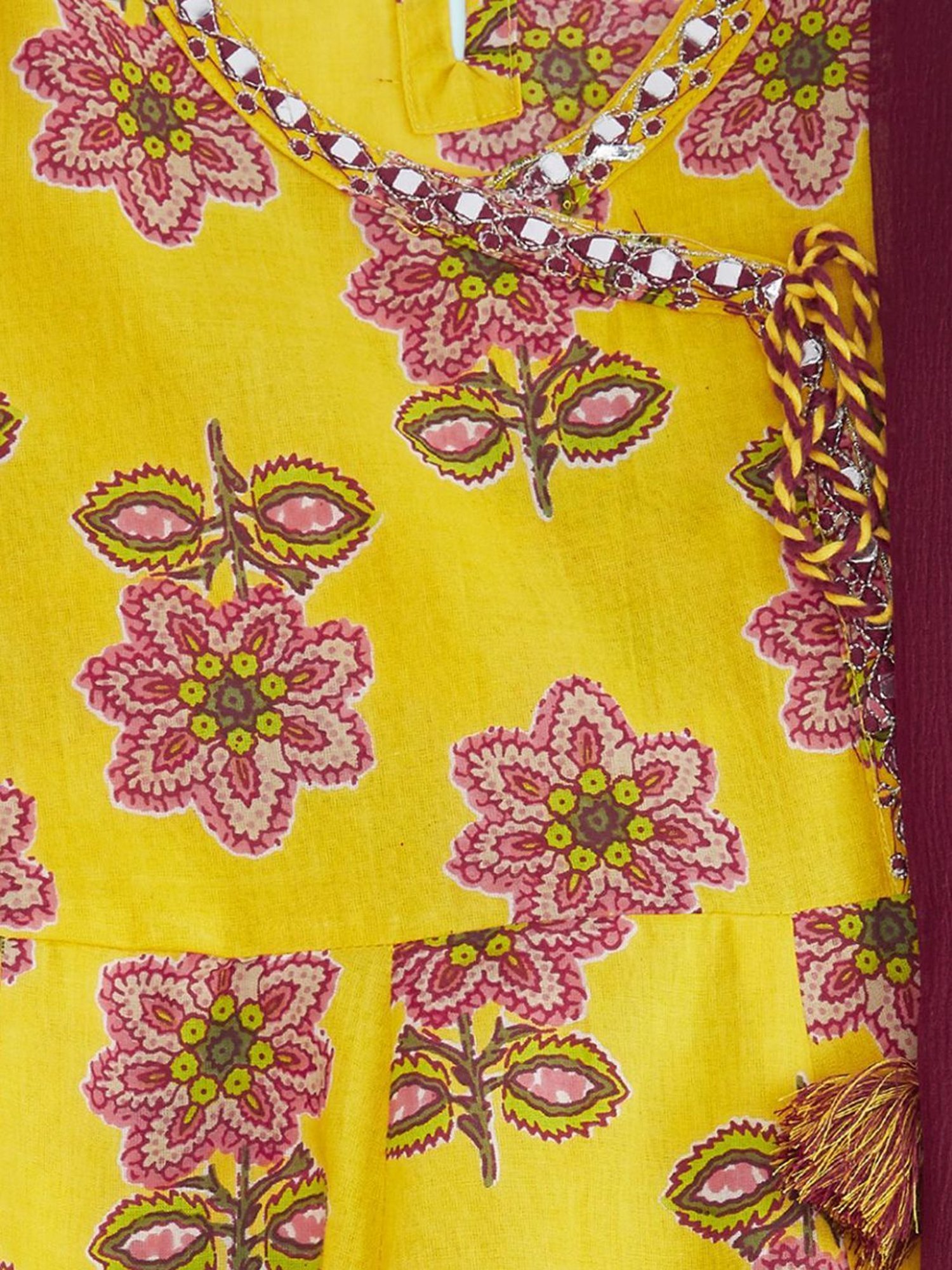 Akkriti by Pantaloons Kids Yellow & Maroon Cotton Floral Print Kurta Set