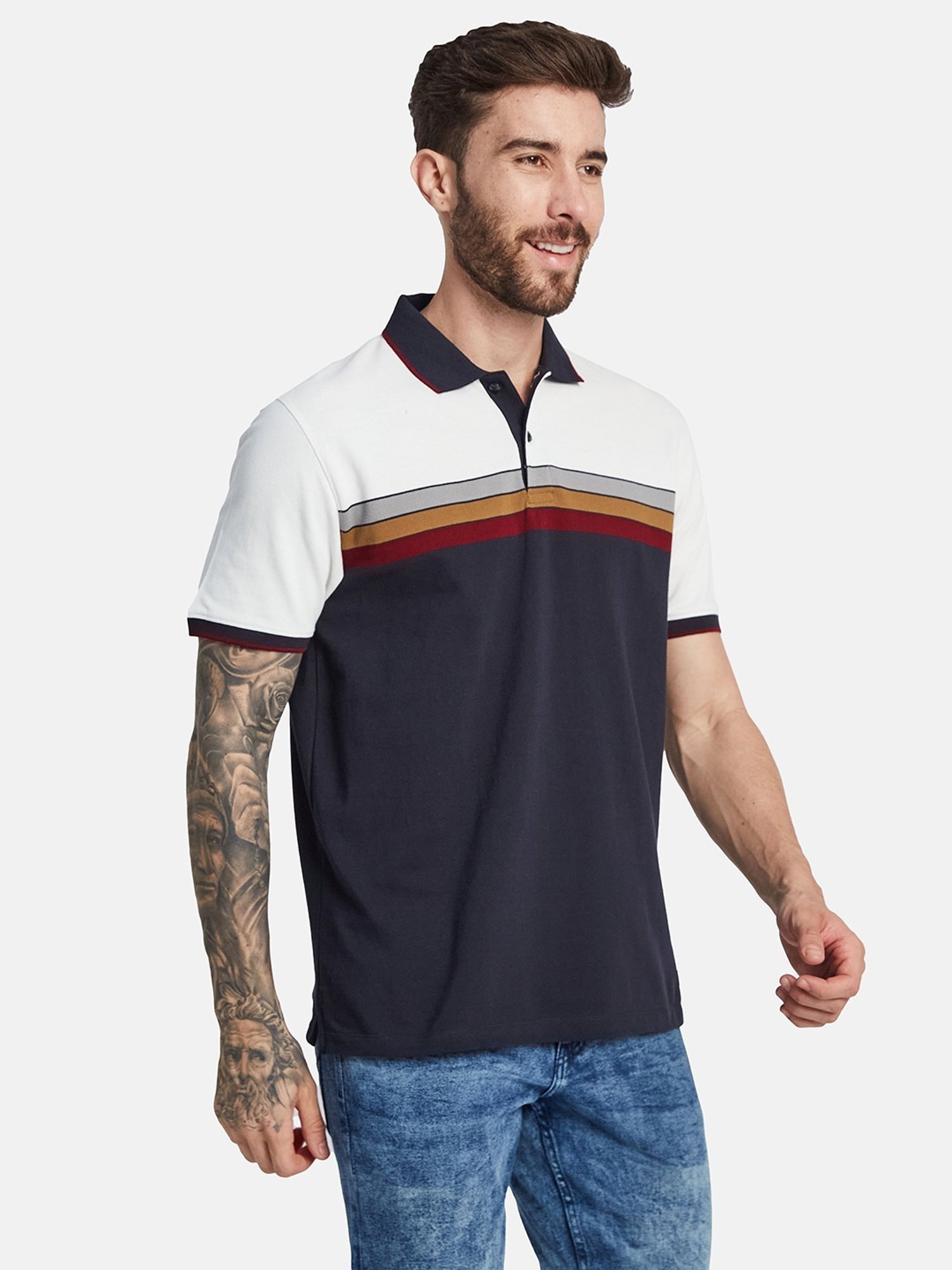 Octave Light Navy Cotton Regular Fit Colour Block Polo T-Shirt