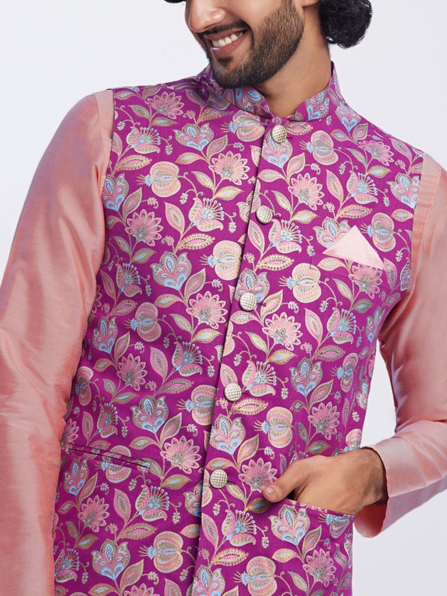 KISAH Dark Pink & Cream Regular Fit Floral Print Kurta & Churidar With Nehru Jacket
