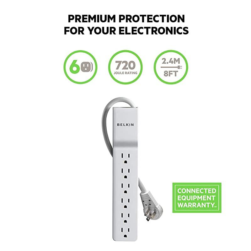 Power Strip Surge Protector - 6 AC Multiple Outlets - Flat Rotating Plug, 8 ft Long Heavy Duty Extension Cord for Home, Office, Travel, Computer Desktop & Charging Brick - White (720 Joules)
