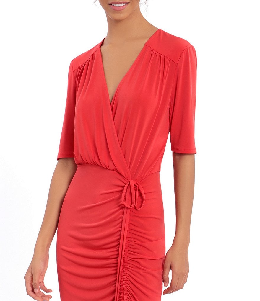 London Times Short Sleeve V-Neck Drawstring Slit Midi Dress