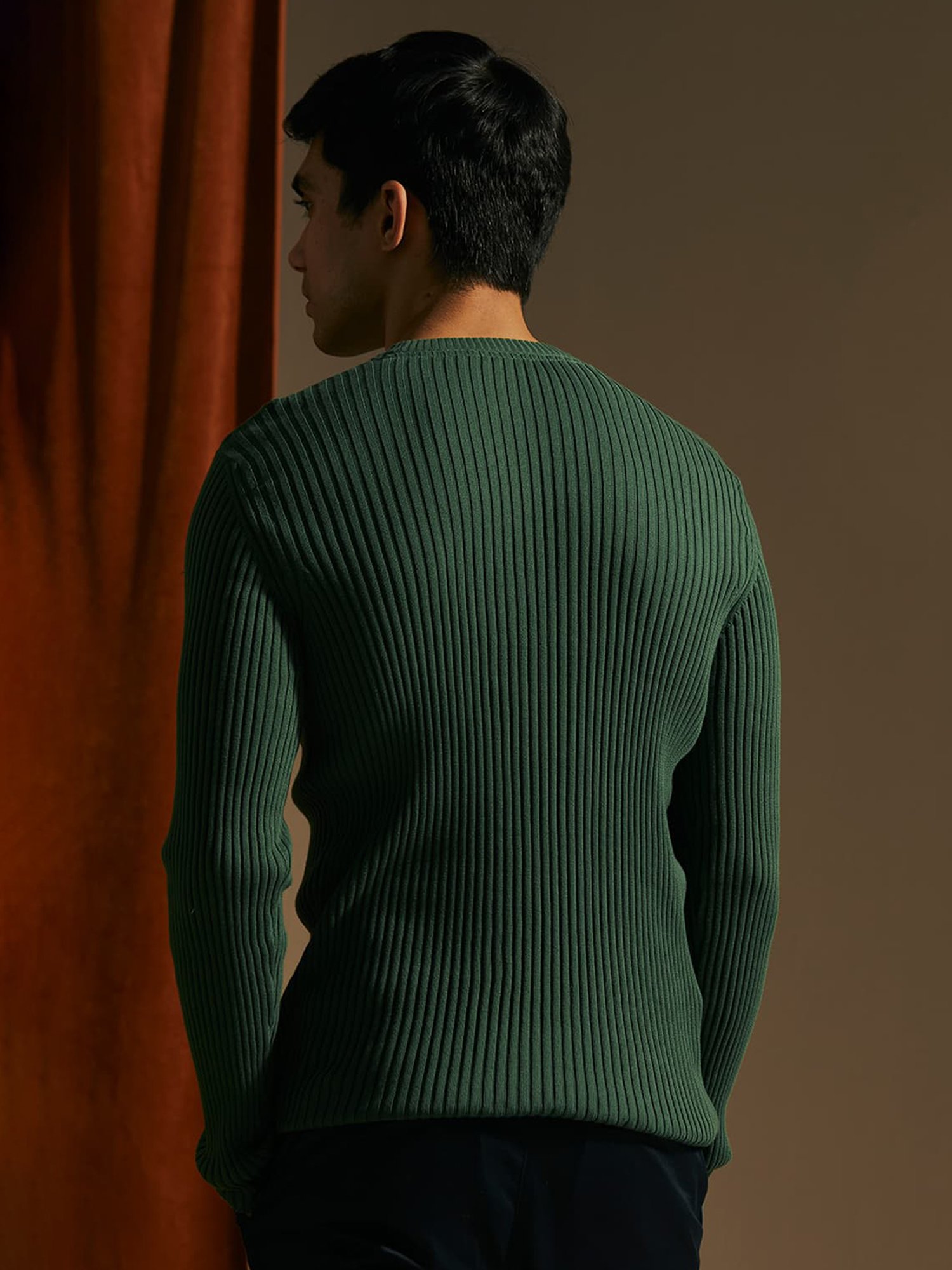ANDAMEN Green Regular Fit Striped Cotton Sweater