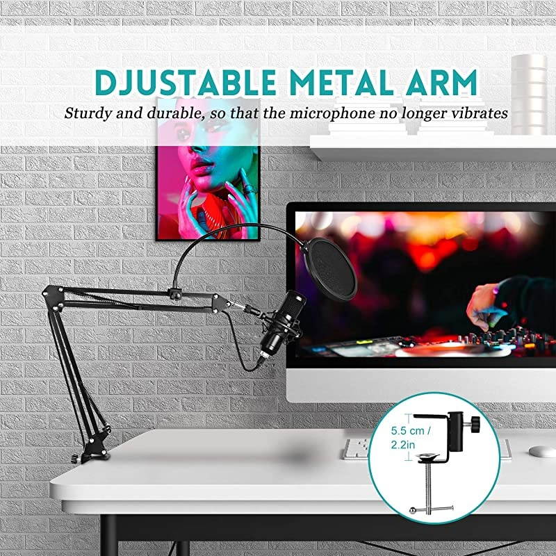 Condenser Microphone for Computer PC 192KHZ24BIT Professional Cardioid Microphone Kit with Adjustable Scissor Arm Stand Shock Mount Pop Filter for Karaoke YouTube Gaming Recording