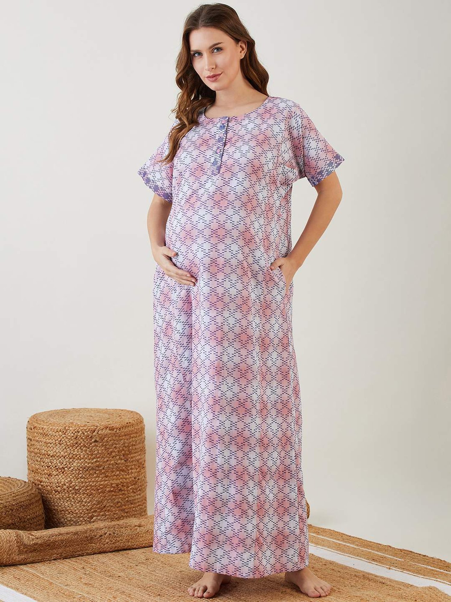 The Kaftan Company Pink & Blue Printed Maternity Night Dress