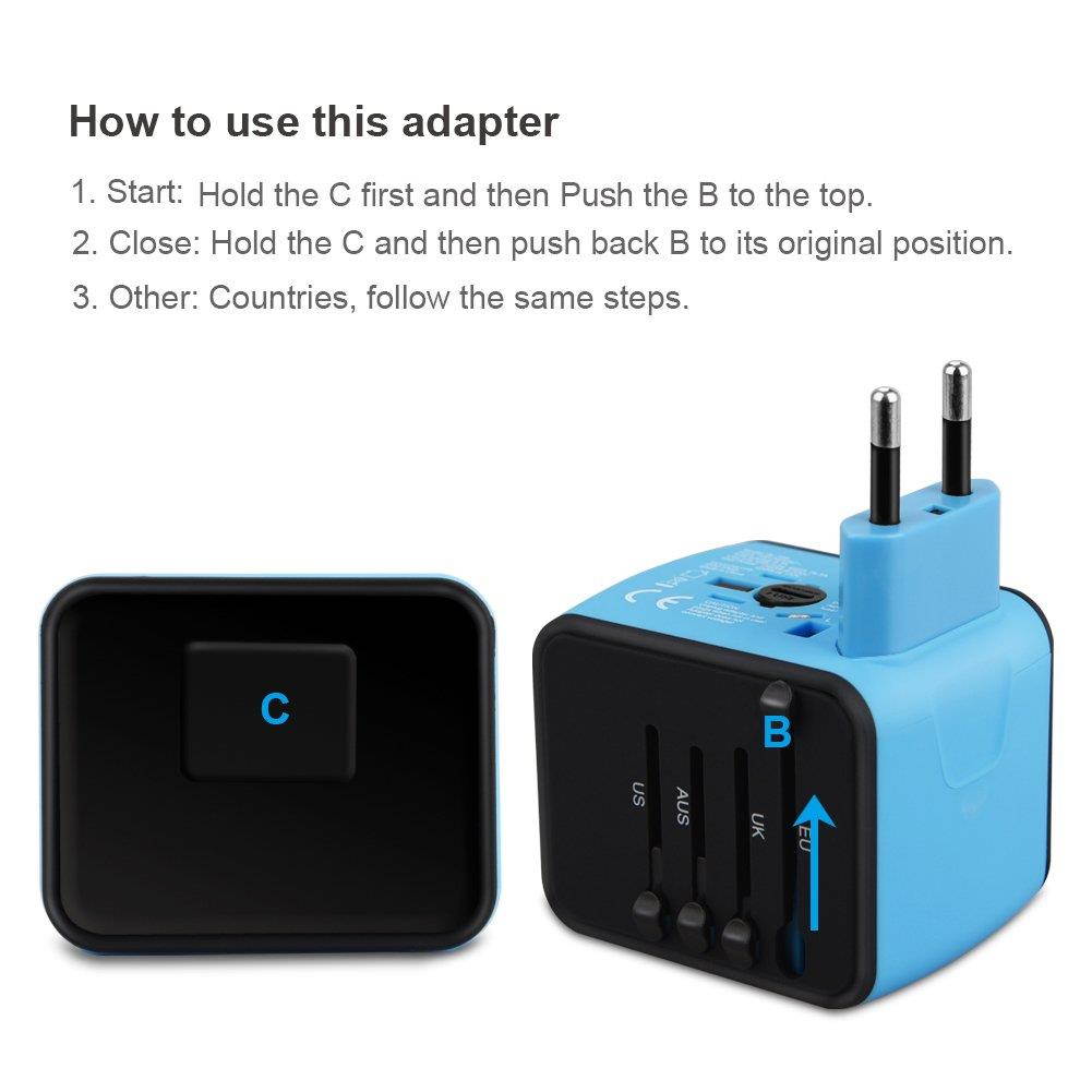 Universal Travel Adapter, HAOZI All-in-one International Power Adapter with 2.4A Dual USB, European Adapter Travel Power Adapter Wall Charger for UK, EU, AU, Asia Covers 150+Countries (Blue)