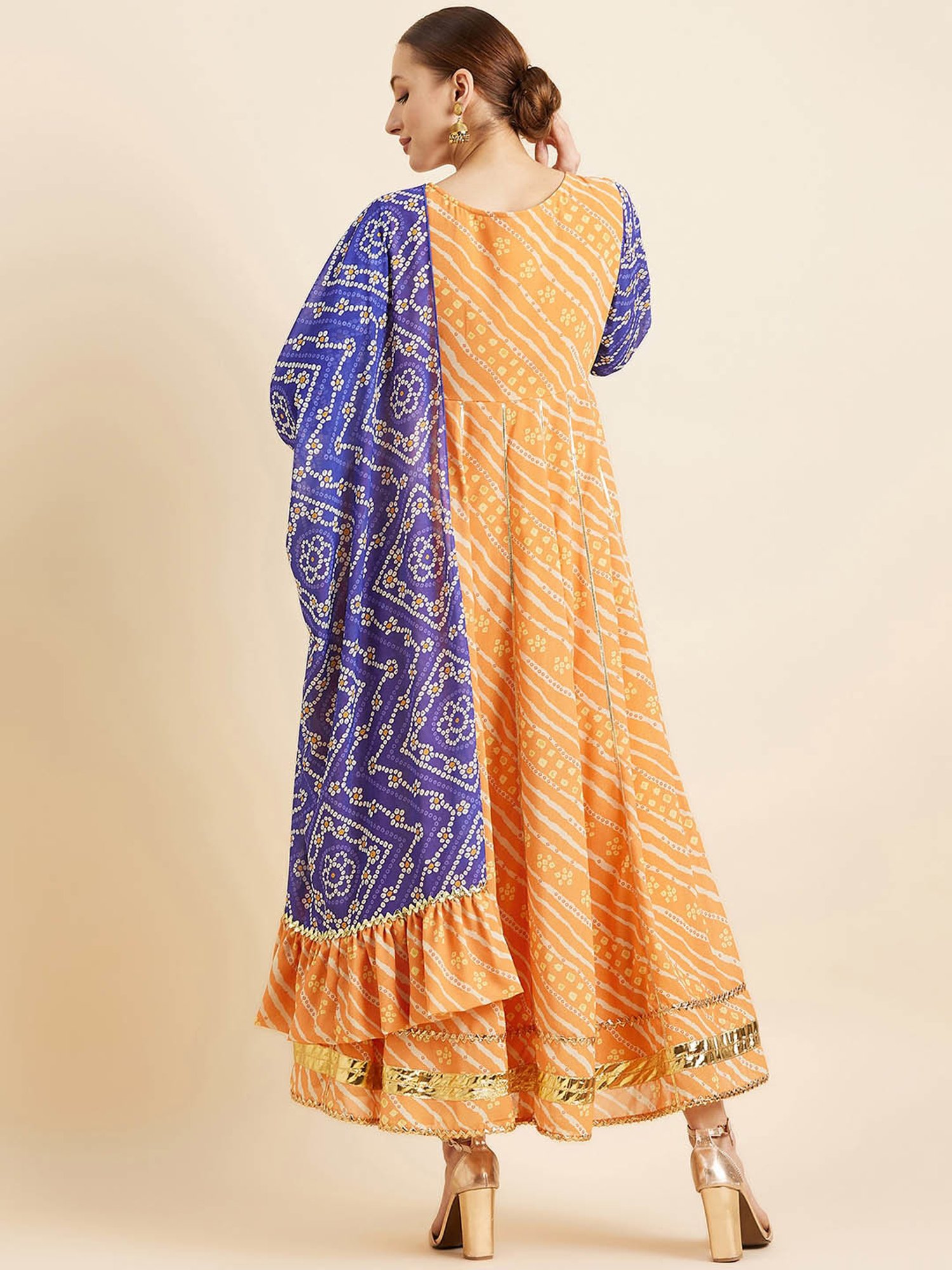 PANIT Orange & Blue Printed Ethnic Dress With Dupatta