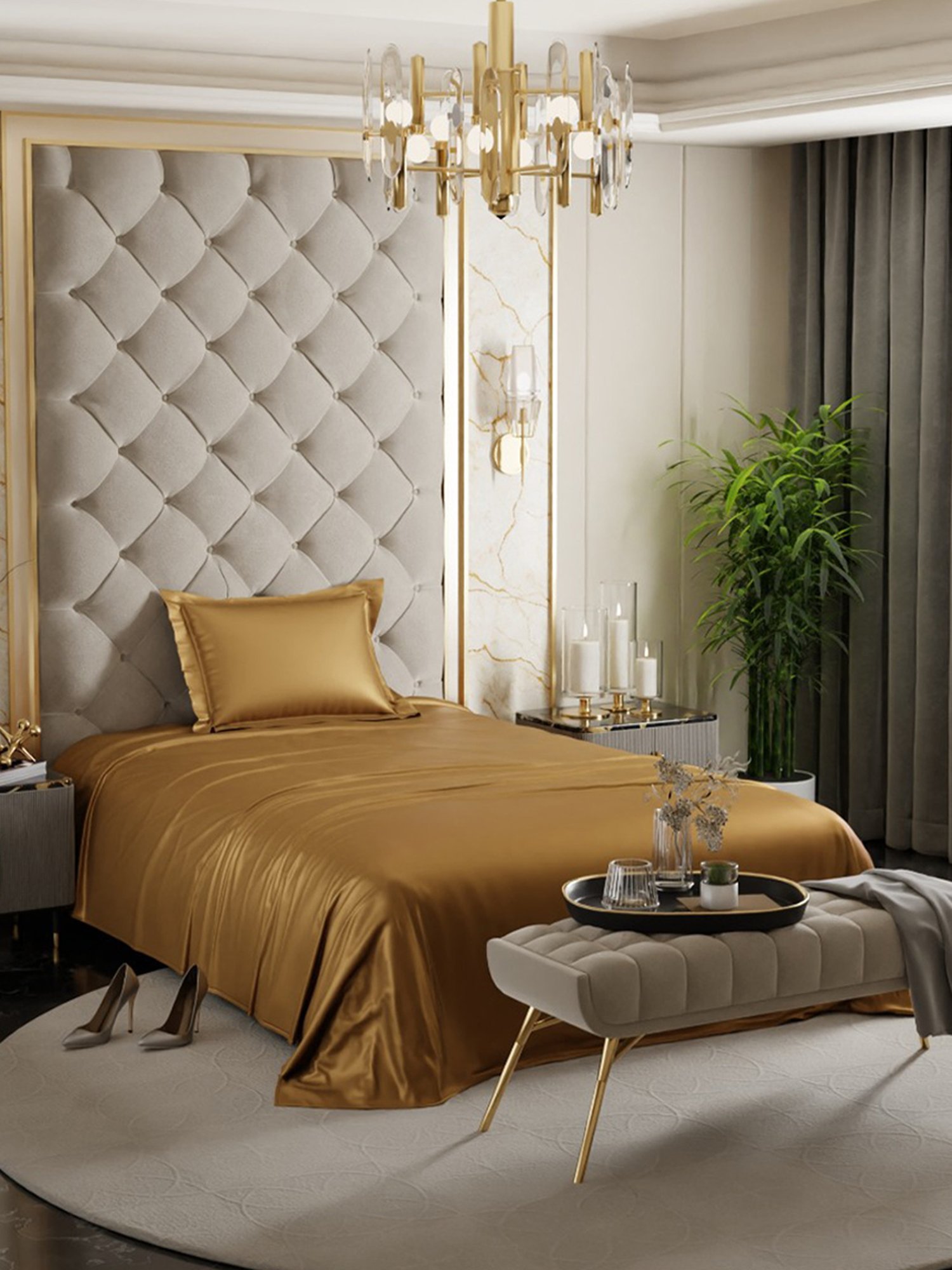 Stoa Paris Eternal Glow Gold 300 TC Polyester Single Bedsheet with Pillow Cover