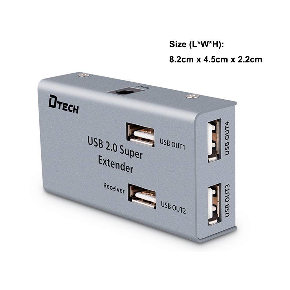 DTECH Multi USB Signal Extender Over Ethernet Cat5 Cat6 Cable up to 164 ft Extension with 4 Expansion USB A 2.0 Port Data Hub Power Supply Adapter for Computer Webcam Camera Hard Drive Keyboard Mouse