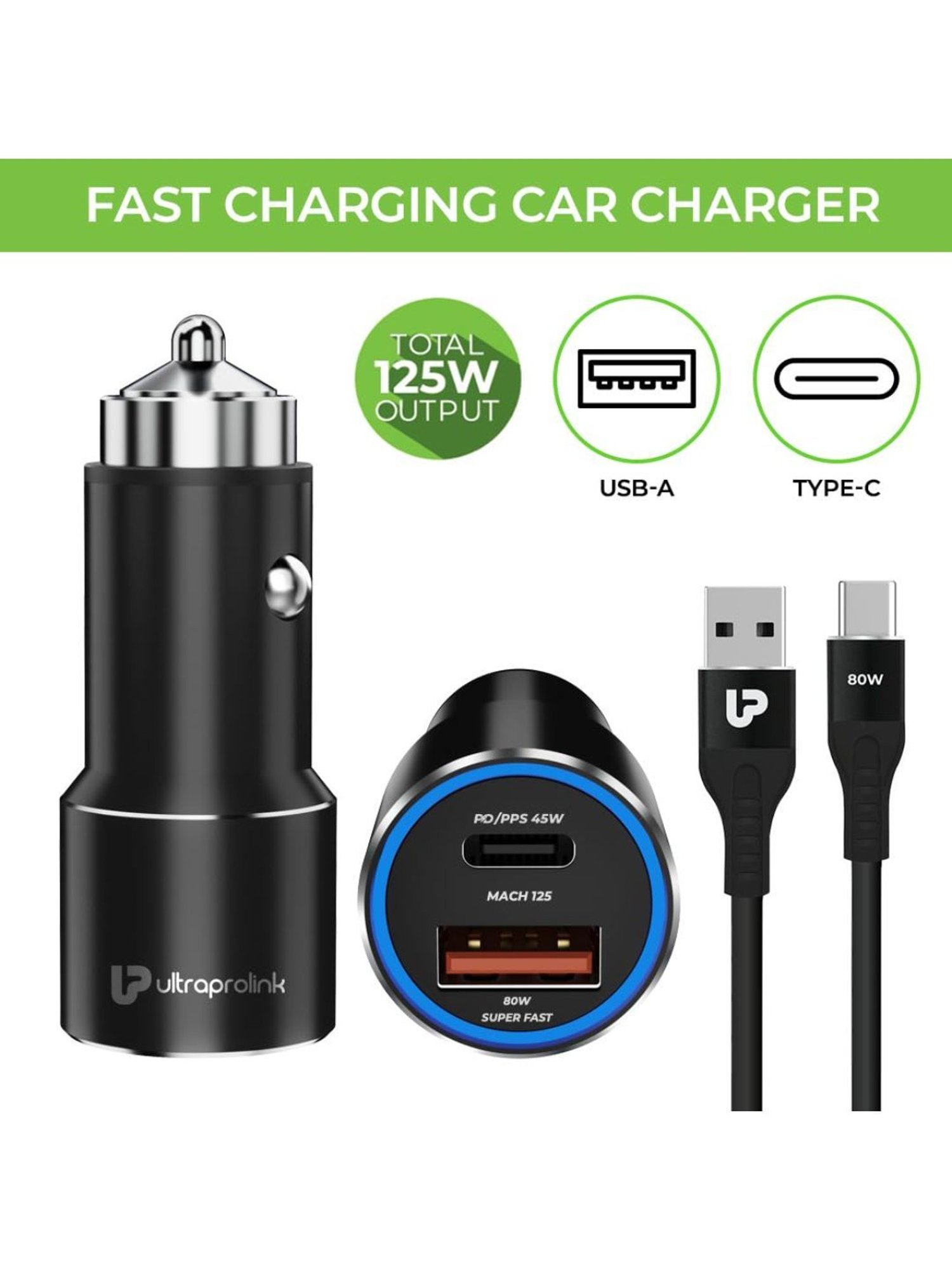 UltraProlink UM1160 125W Car Fast Charger with Type C 45W PD/PPS and USB-A 80W SuperVooc (Black)