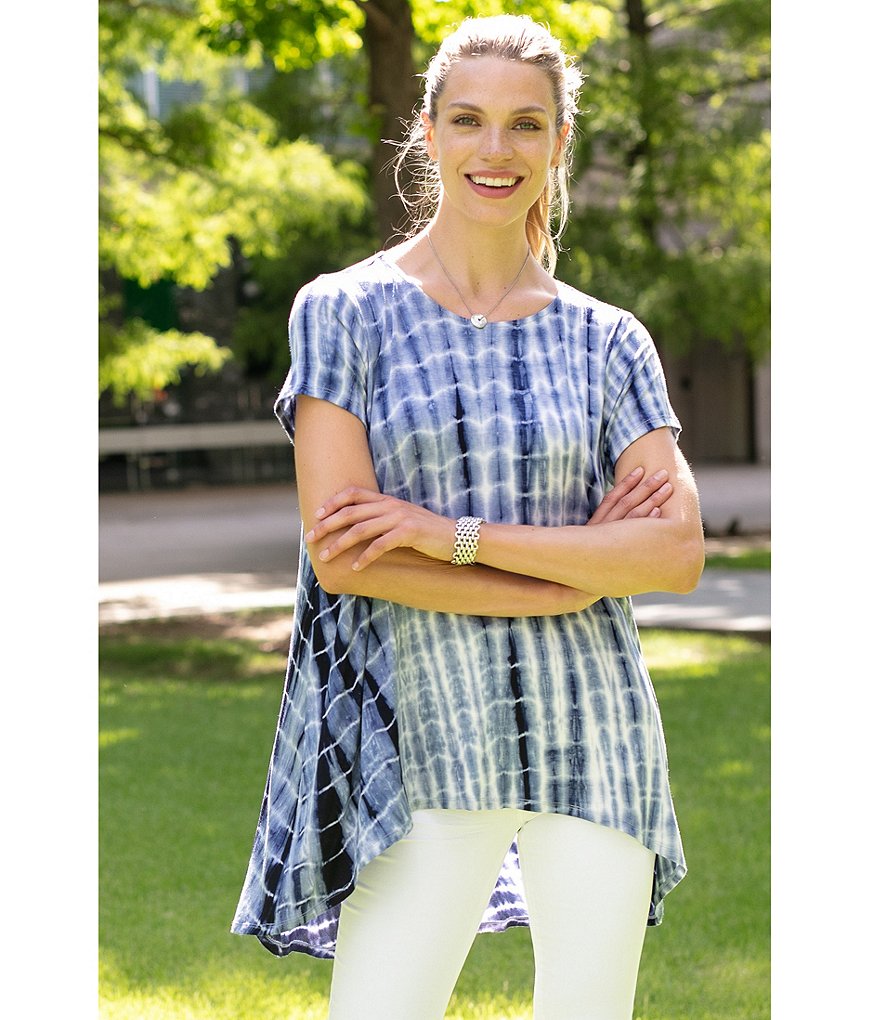 Tru Luxe Jeans Mixed Media Short Sleeve RoundNeck Tie Dye Tunic
