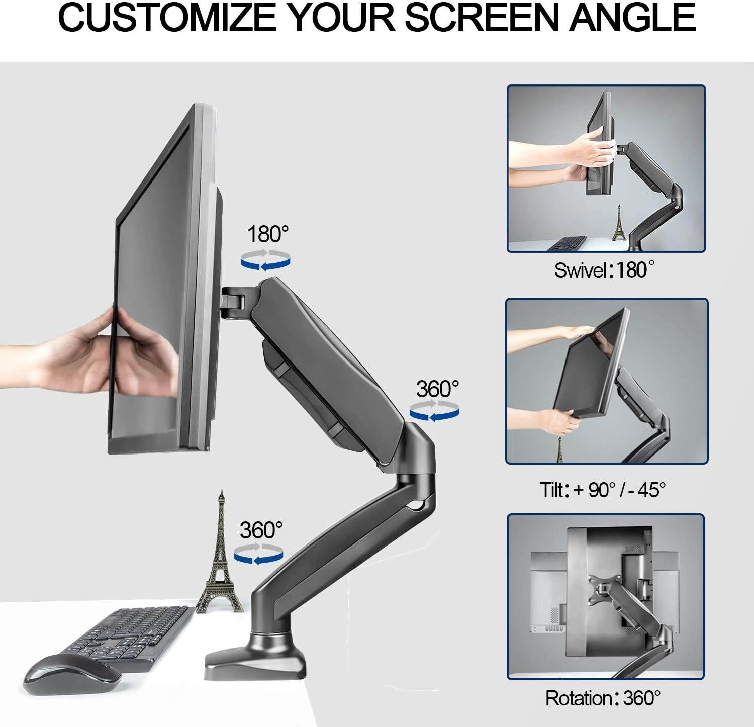 Single Monitor Desk Mount - Articulating Gas Spring Monitor Arm, Adjustable VESA Mount with C Clamp, Grommet Mounting Base, Computer Monitor Stand for Screen up to 32 inch