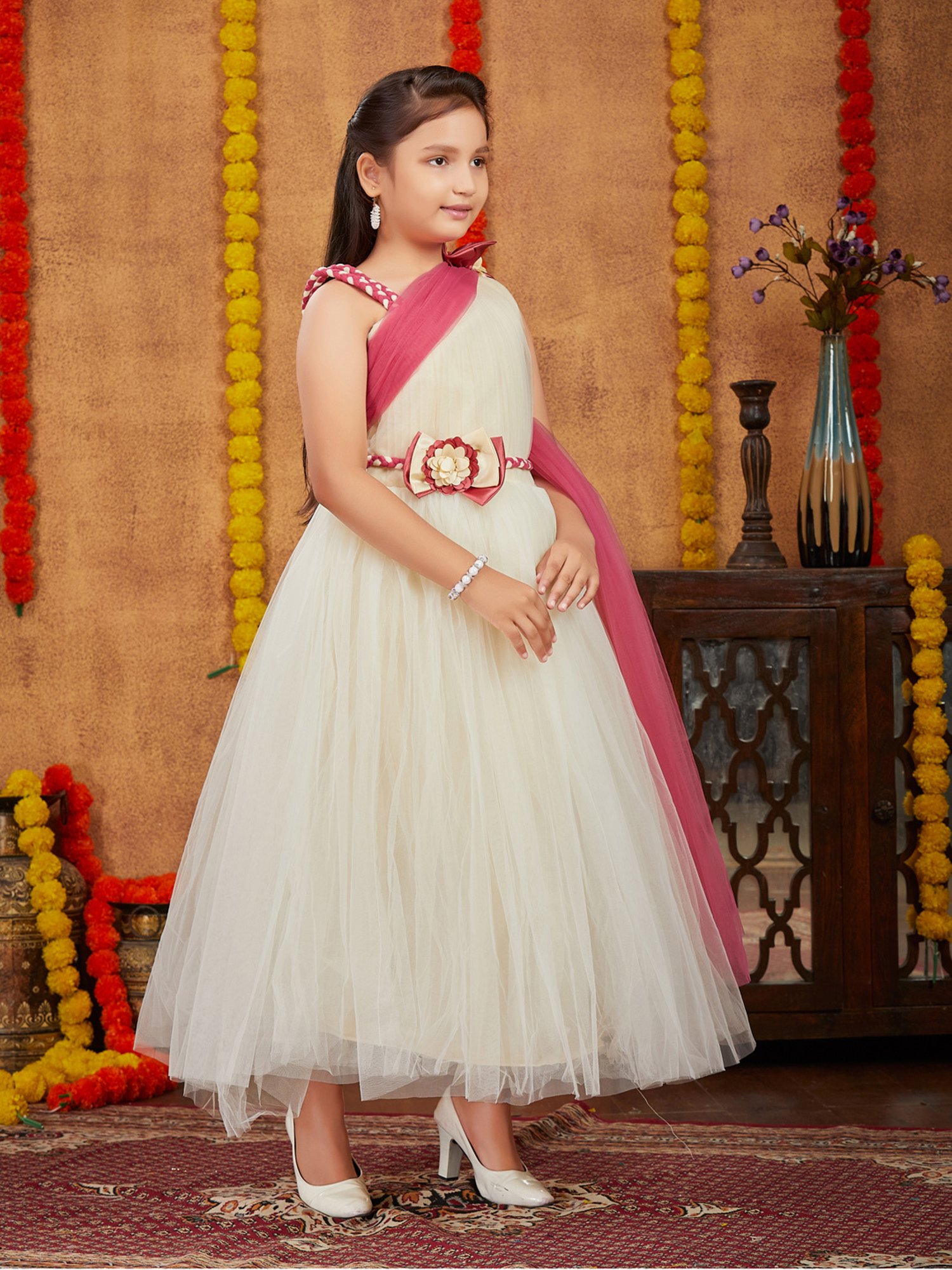 Aarika Kids Cream & Pink Solid Gown