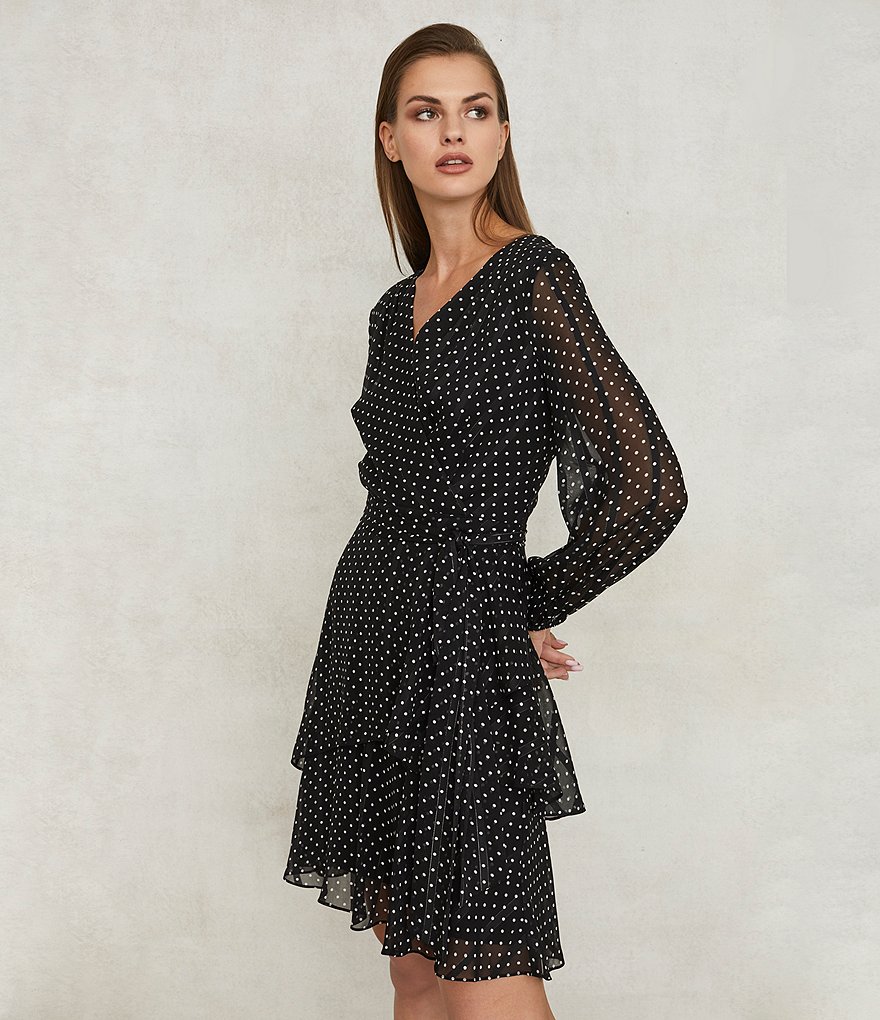 Tahari ASL Dotted Satin Tie Waist Tiered Ruffle Skirt Faux Wrap Dress