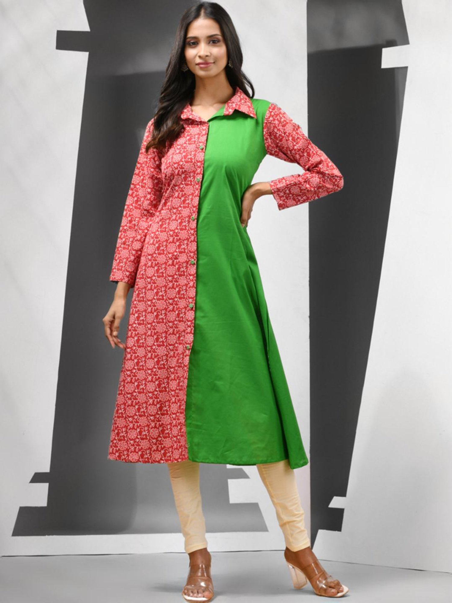 CHARUKRITI Green & Red Cotton Printed A Line Kurta