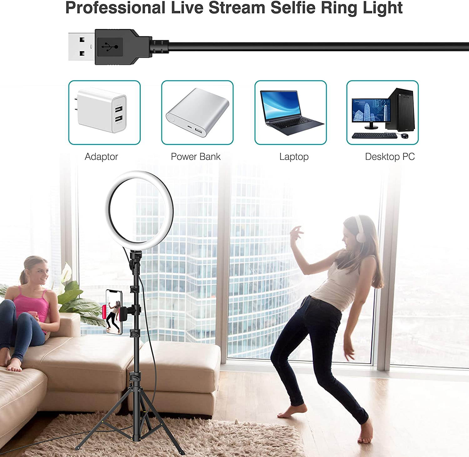 Roll over image to zoom in
10" Selfie Ring Light with Tripod Stand & Phone Holder for Live Stream/Makeup, Dimmable Led Camera Beauty Ringlight for YouTube TikTok/Photography Compatible for iPhone and