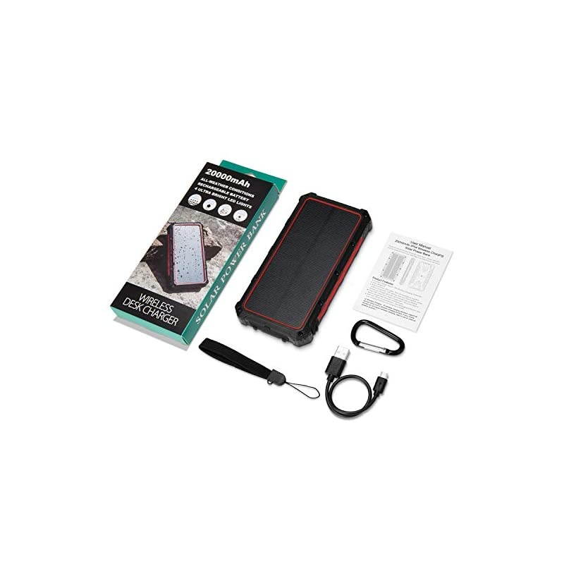 Charger, 20000mAh Power Bank Wireless Charger Portable External Battery Pack with 4 LED Light 3 Output Ports Carabiner IP54 Rainproof for Camping, Outdoor Activities (Black)