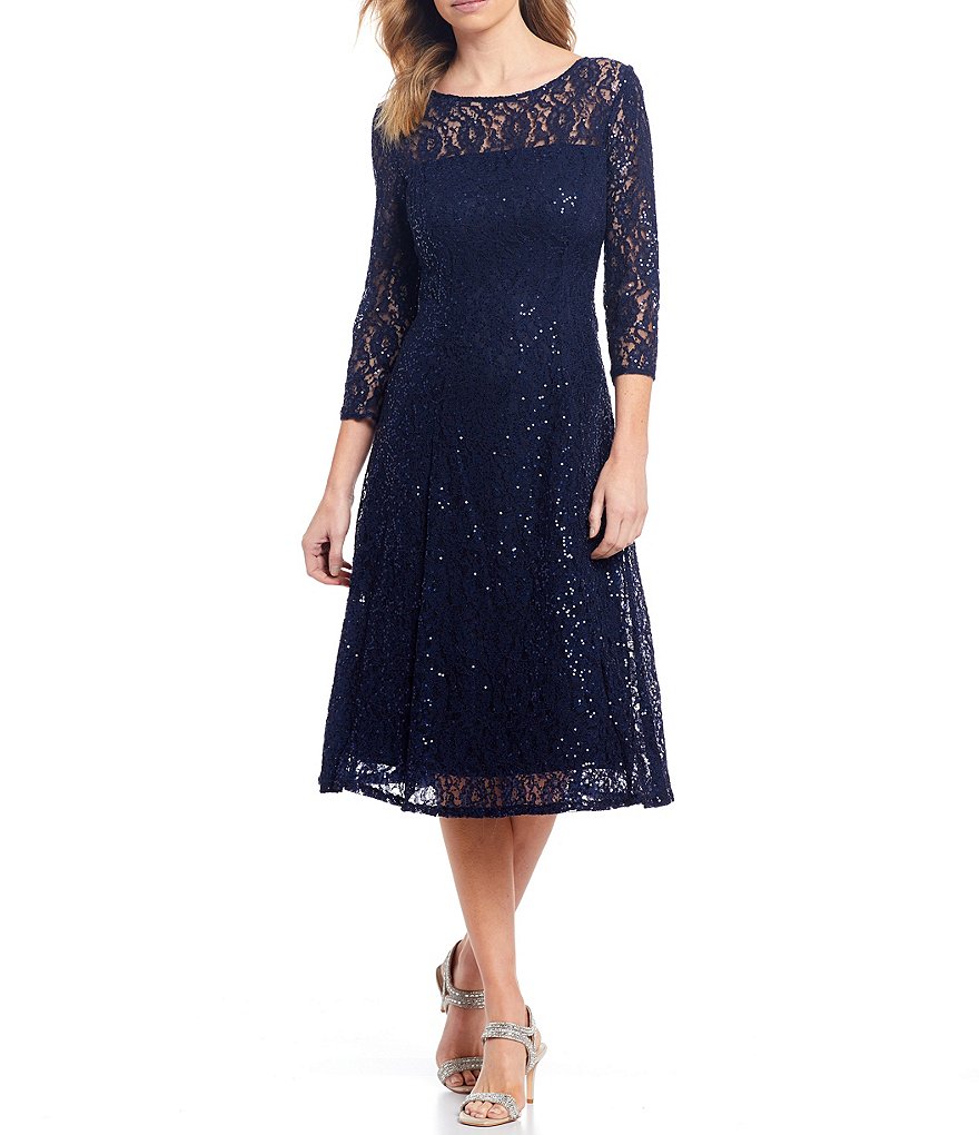 Ignite Evenings Petite Size Round Neck 3/4 Sleeve Tea Length Sequin Lace Dress