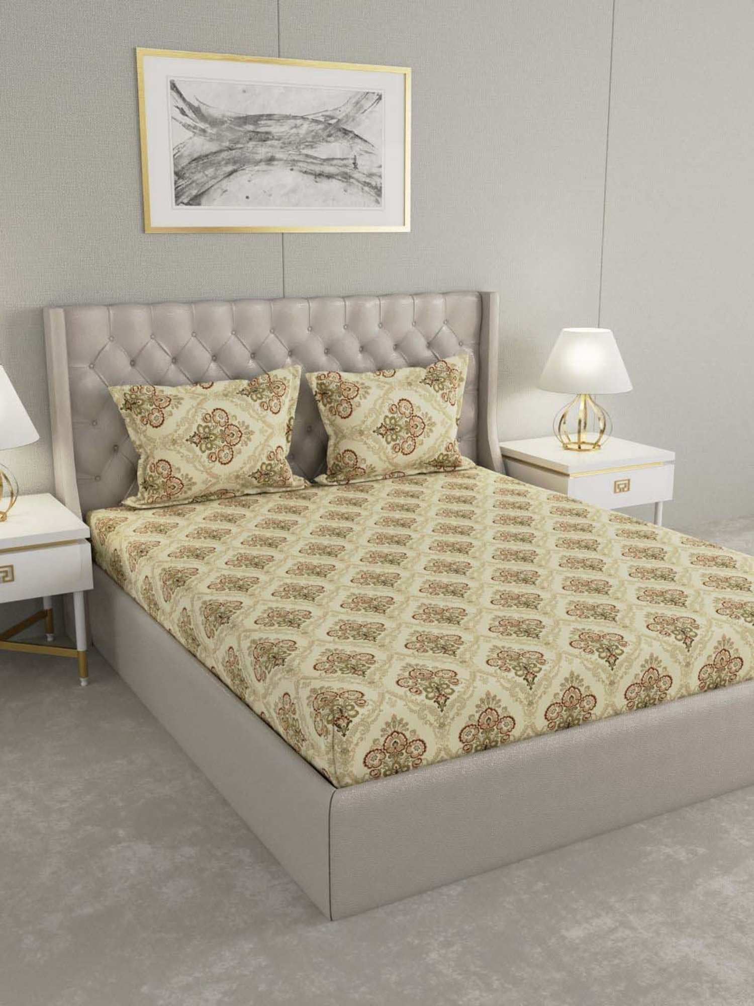 Raymond Home Festive Beige 160 TC Cotton King Bedsheet with 2 Pillow Covers