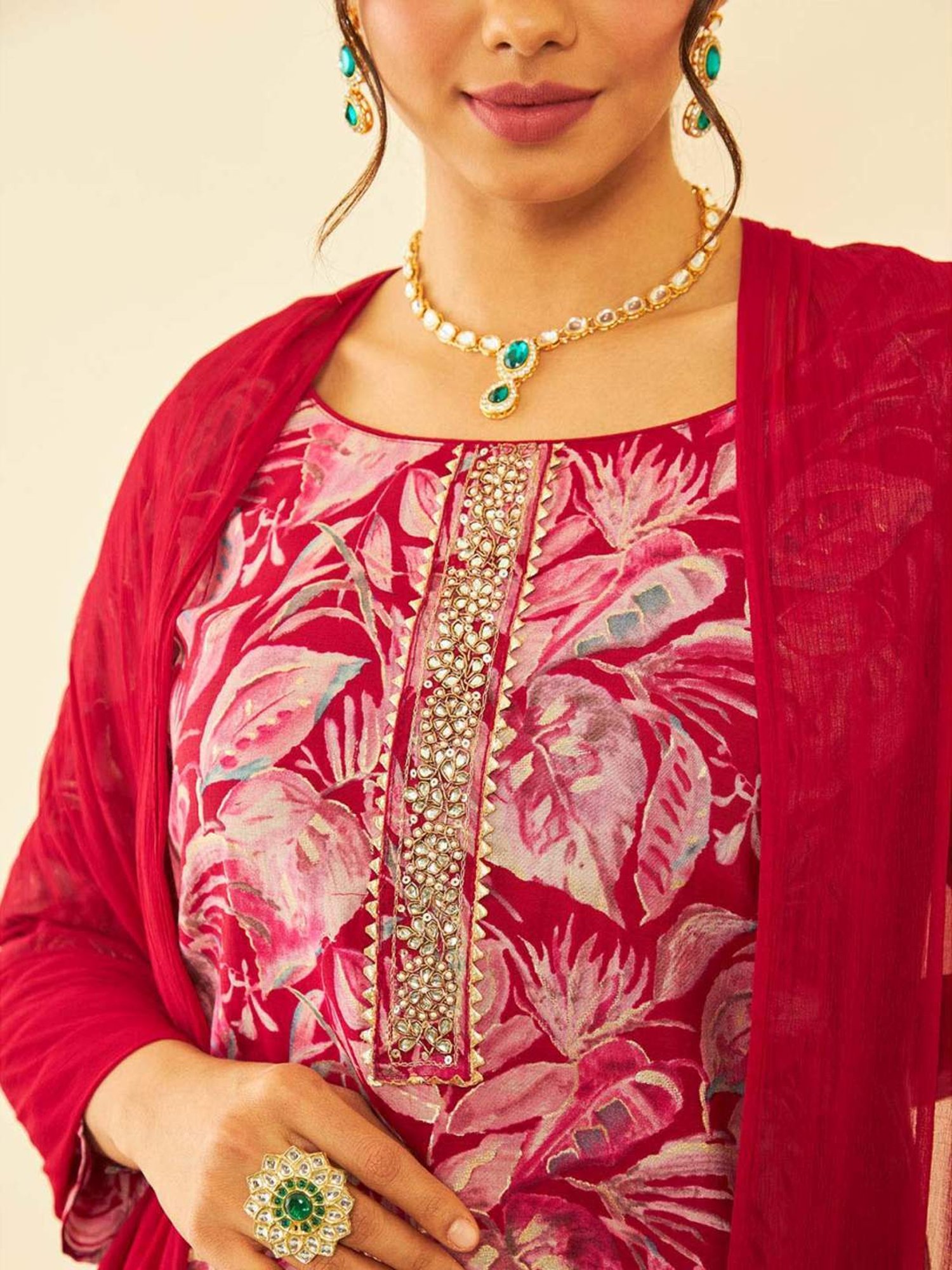 Soch Red Floral Print Unstitched Dress Material